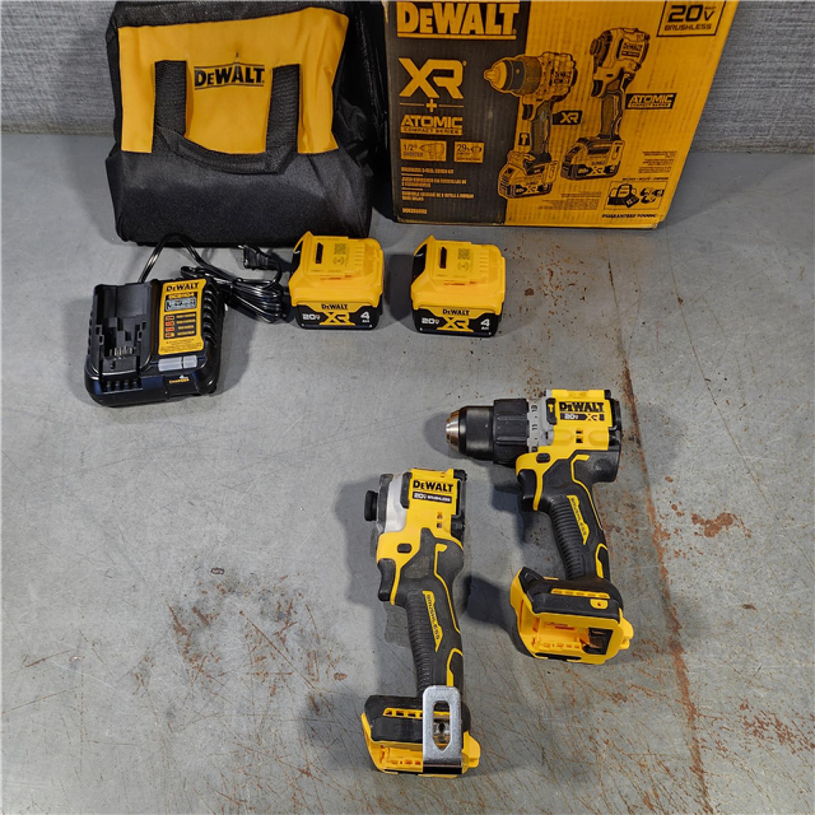 HOUSTON LOCATION - AS-IS DEWALT 20V MAX XR Hammer Drill and ATOMIC Impact Driver 2 Tool Cordless Combo Kit with (2) 4.0Ah Batteries, Charger, and Bag