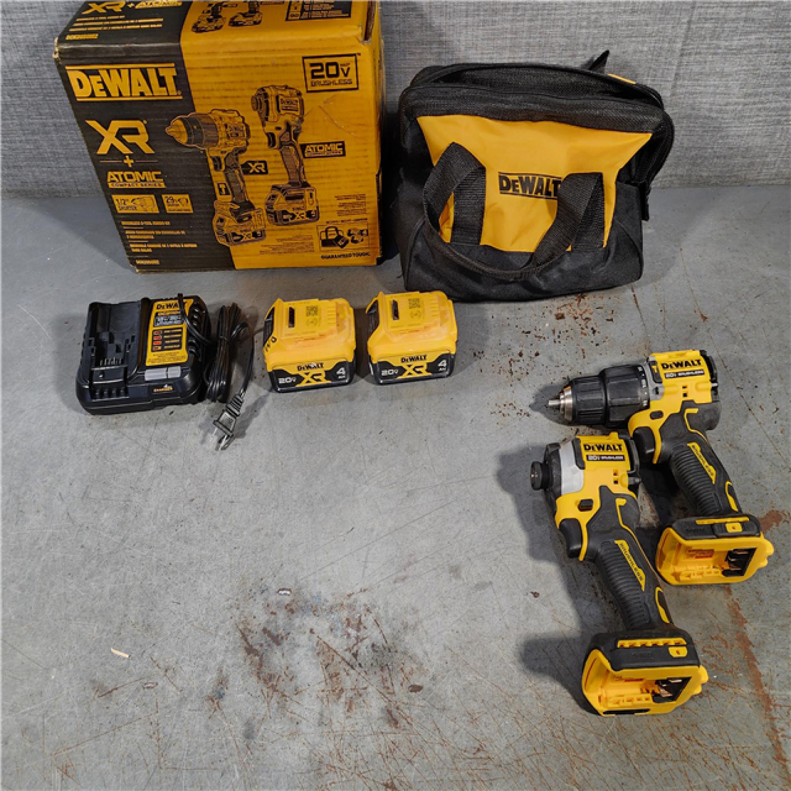 HOUSTON LOCATION - AS-IS DEWALT 20V MAX XR Hammer Drill and ATOMIC Impact Driver 2 Tool Cordless Combo Kit with (2) 4.0Ah Batteries, Charger, and Bag