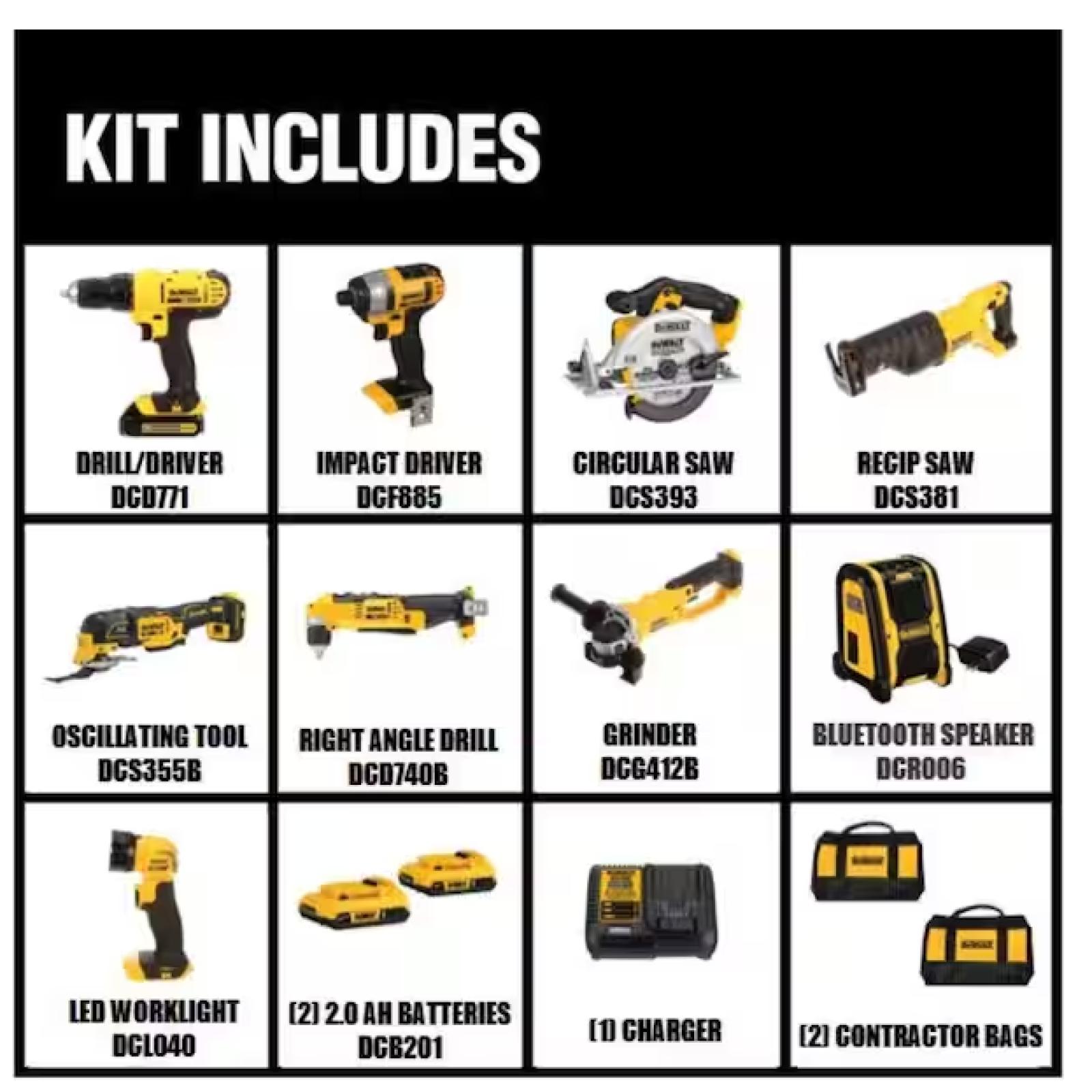 DALLAS LOCATION - NEW! DEWALT 20V MAX Cordless 9 Tool Combo Kit with (2) 20V 2.0Ah Batteries and Charger