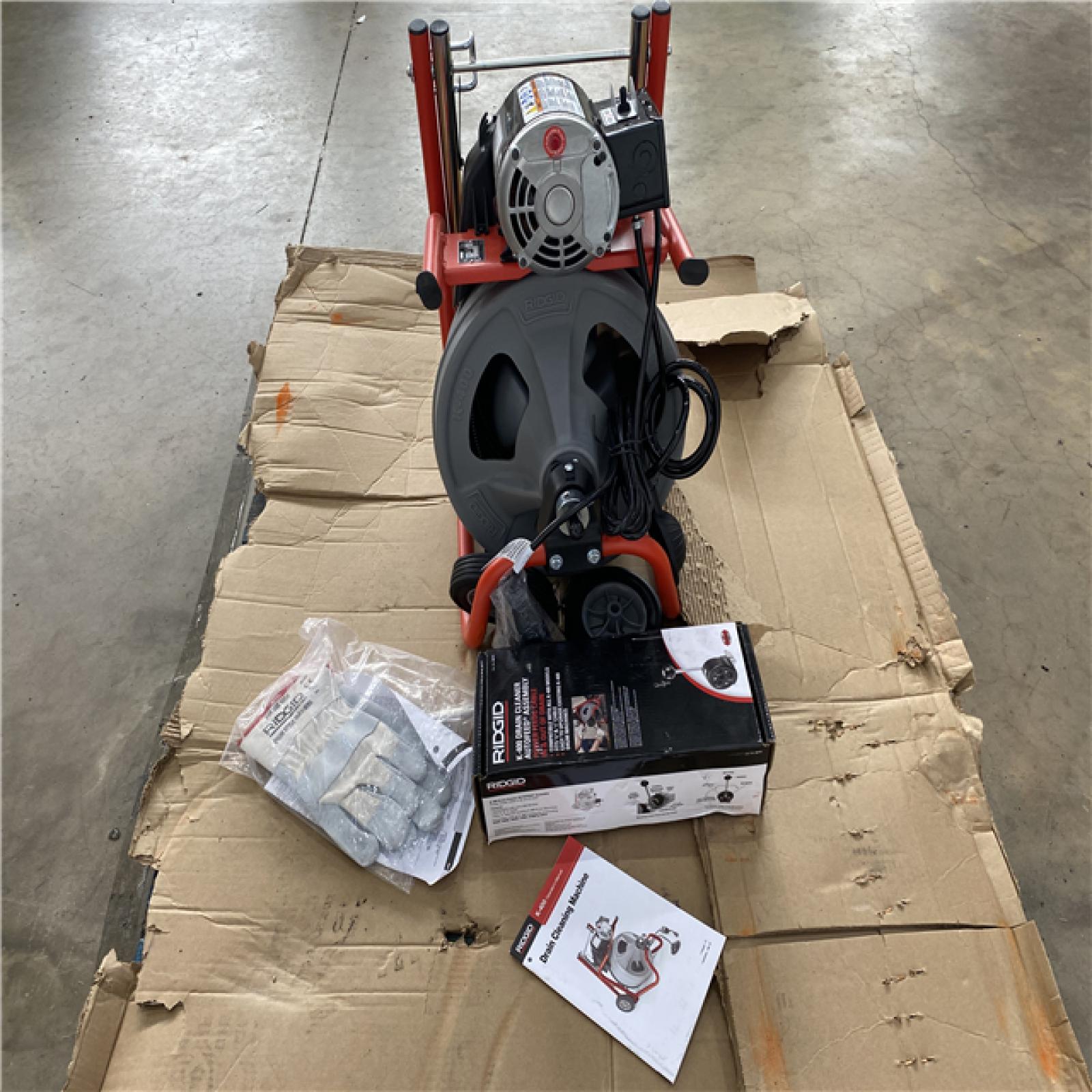 Houston Location - AS-IS Ridgid K 400 Drain Cleaning Snake Auger Machine C 45 IW 1/2 in. 75ft. Cable inside Drum plus 4 Piece Tool Set and Gloves