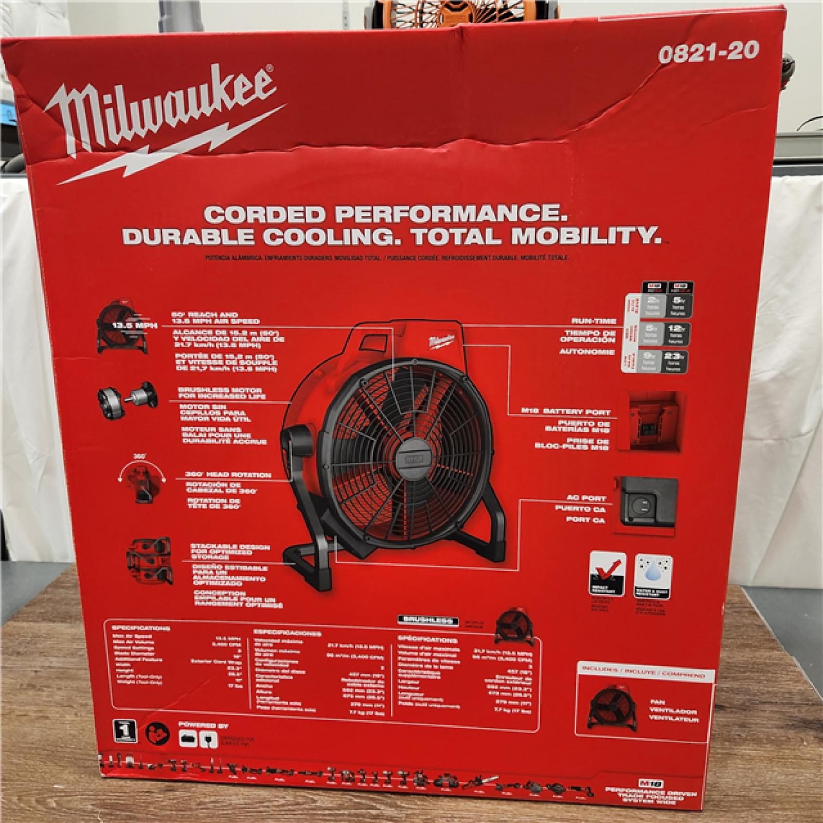 NEW! Milwaukee 0821-20 M18 18 Fan (Tool Only)