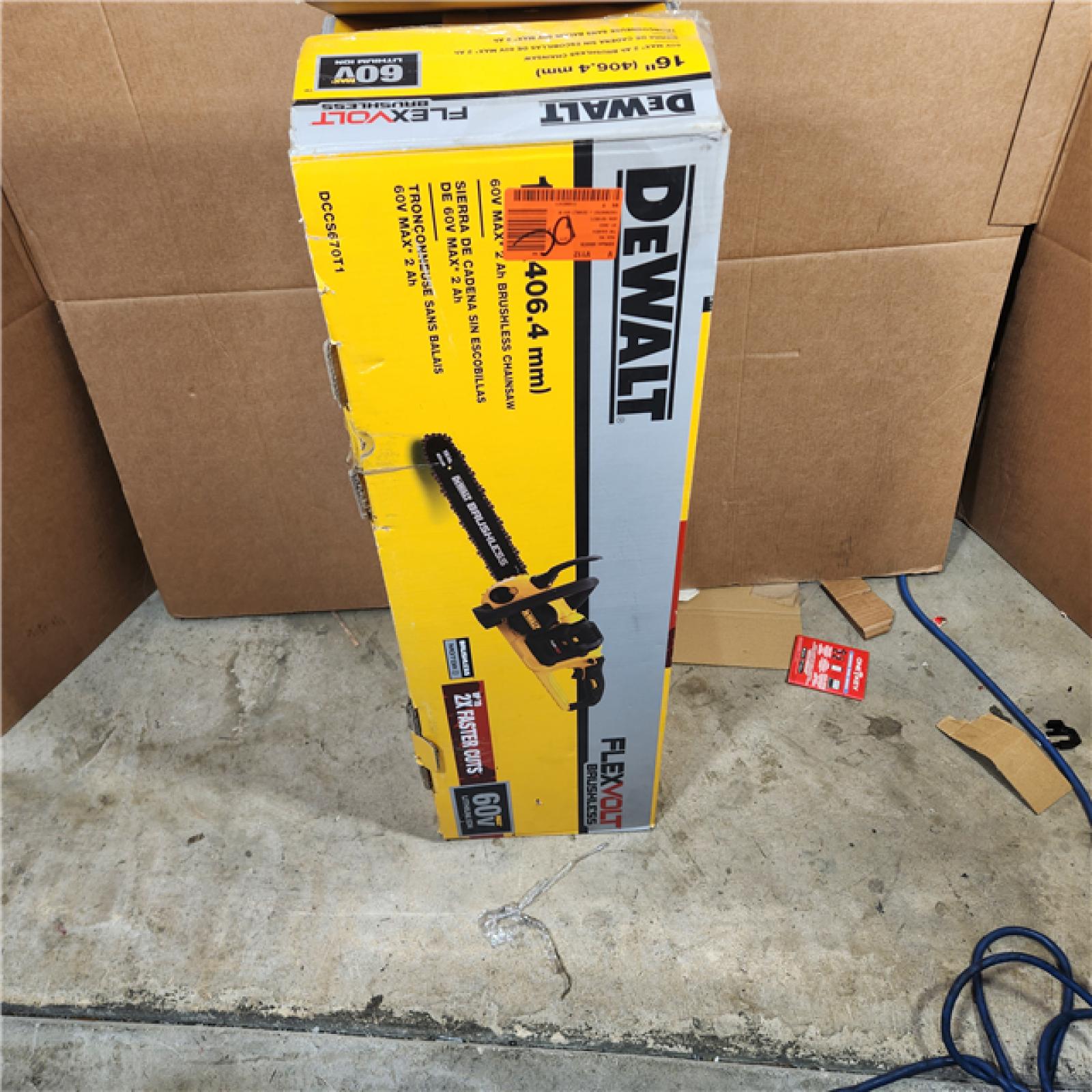 Houston location- AS-IS DEWALT 60V MAX 16in. Brushless Battery Powered Chainsaw Kit with (1) FLEXVOLT 2Ah Battery & Charger