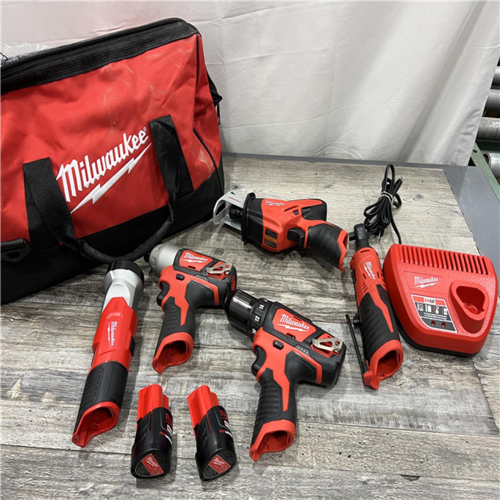 AS-IS MILWAUKEE M12 12V Lithium-Ion Cordless Combo Kit (5-Tool) with Two 1.5Ah Batteries, Charger & Tool Bag