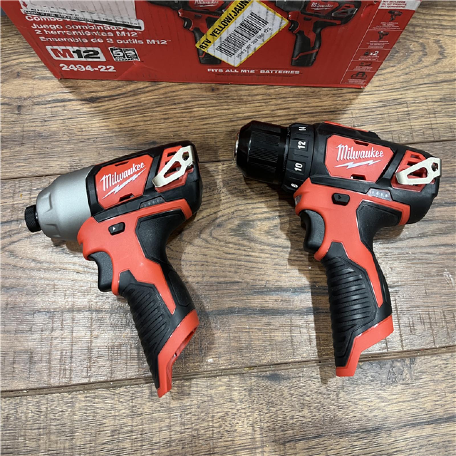 AS-IS MILWAUKEE M12 12V Lithium-Ion Cordless Drill Driver/Impact Driver Combo Kit with Two 1.5Ah Batteries, Charger and Bag (2-Tool)