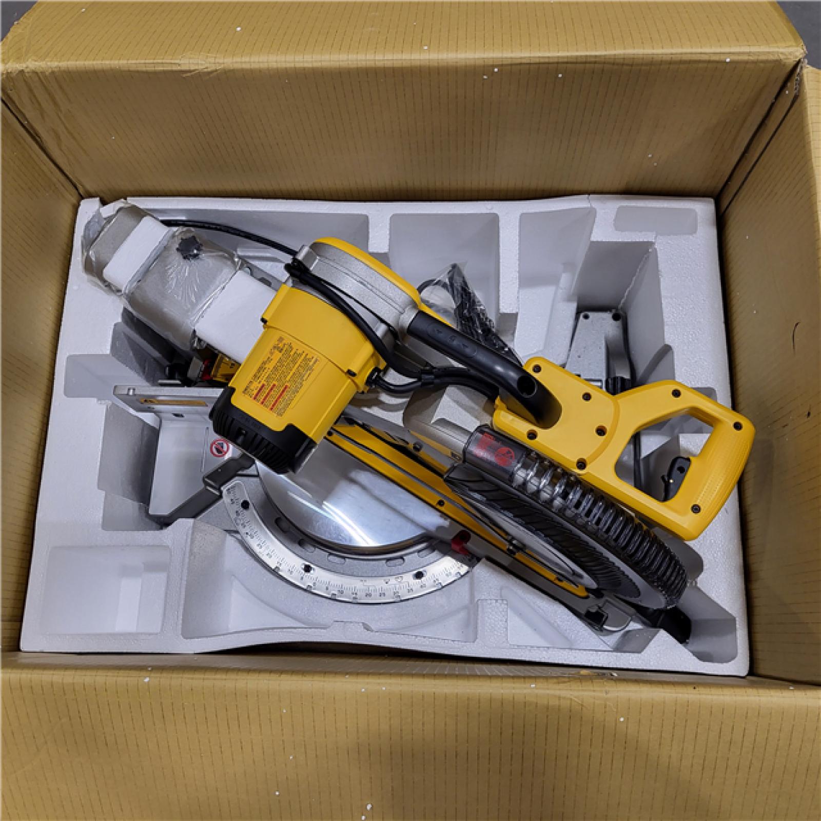 AS-IS DEWALT 15 Amp Corded 12 in. Double Bevel Sliding Compound Miter Saw, Blade Wrench and Material Clamp ( LIKE A NEW CONDITION)