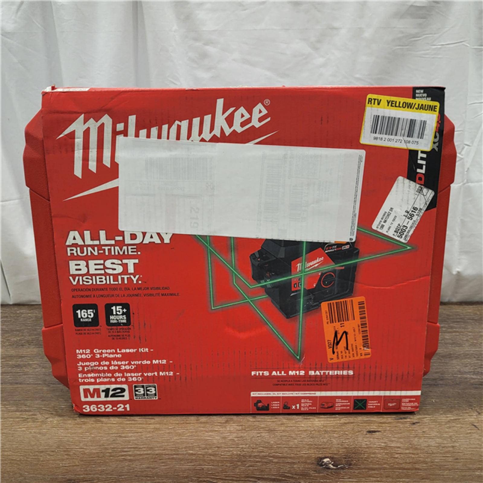 AS-IS Milwaukee-3632-21 M12 Green Beam Laser 360Â° 3-Plane Kit