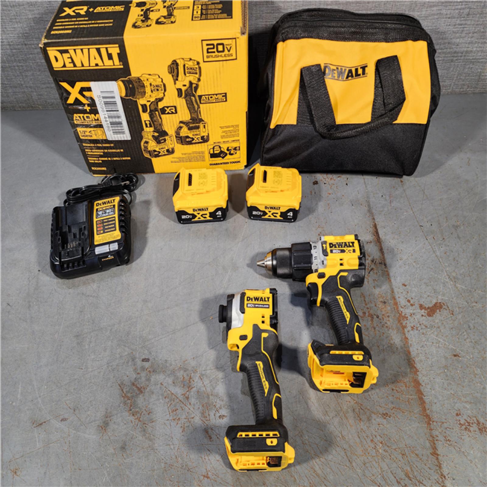 HOUSTON LOCATION - AS-IS DEWALT 20V MAX XR Hammer Drill and ATOMIC Impact Driver 2 Tool Cordless Combo Kit with (2) 4.0Ah Batteries, Charger, and Bag