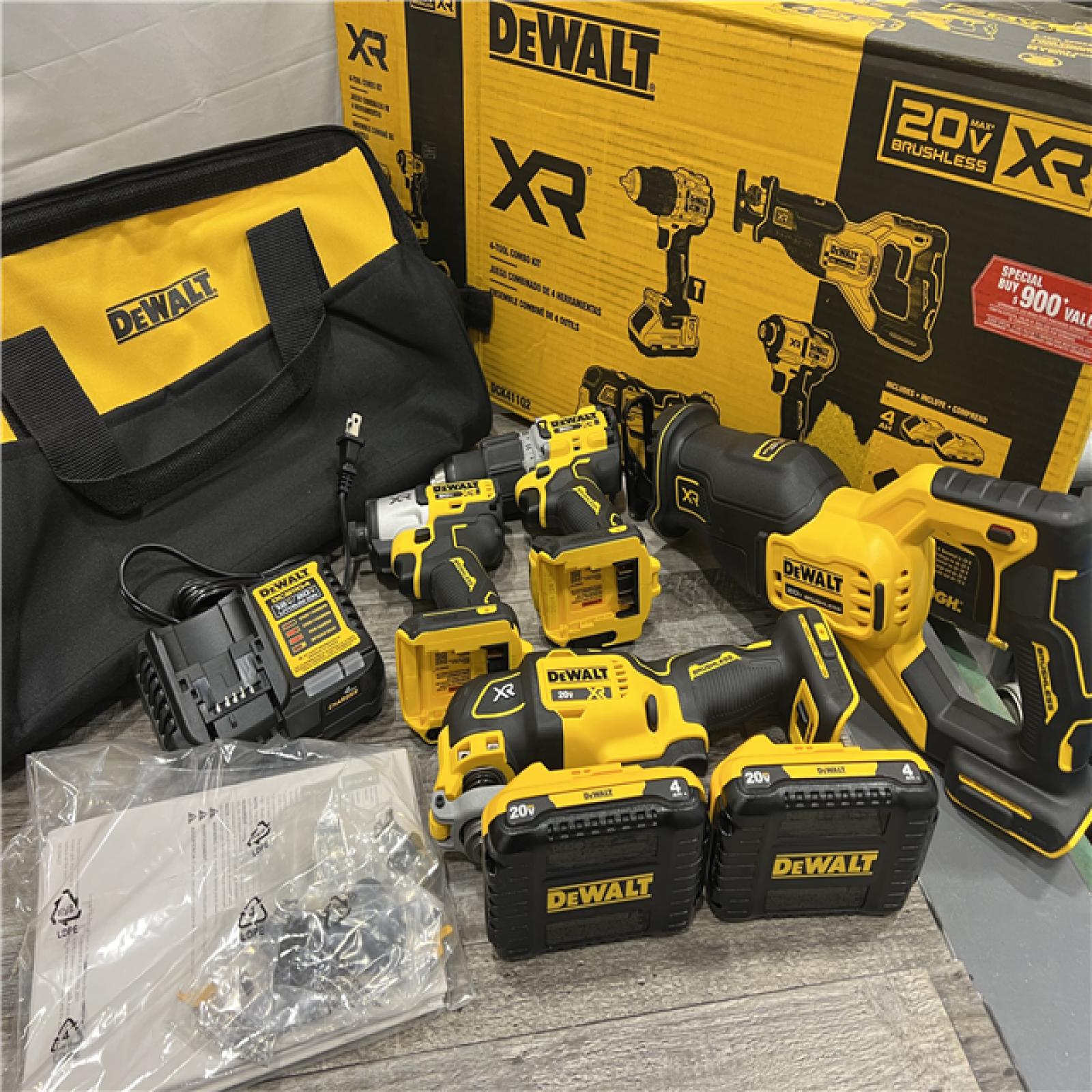 AS-IS DEWALT 20-Volt Maximum Lithium-Ion Cordless 4-Tool Combo Kit with (2) 4 Ah Batteries and Charger