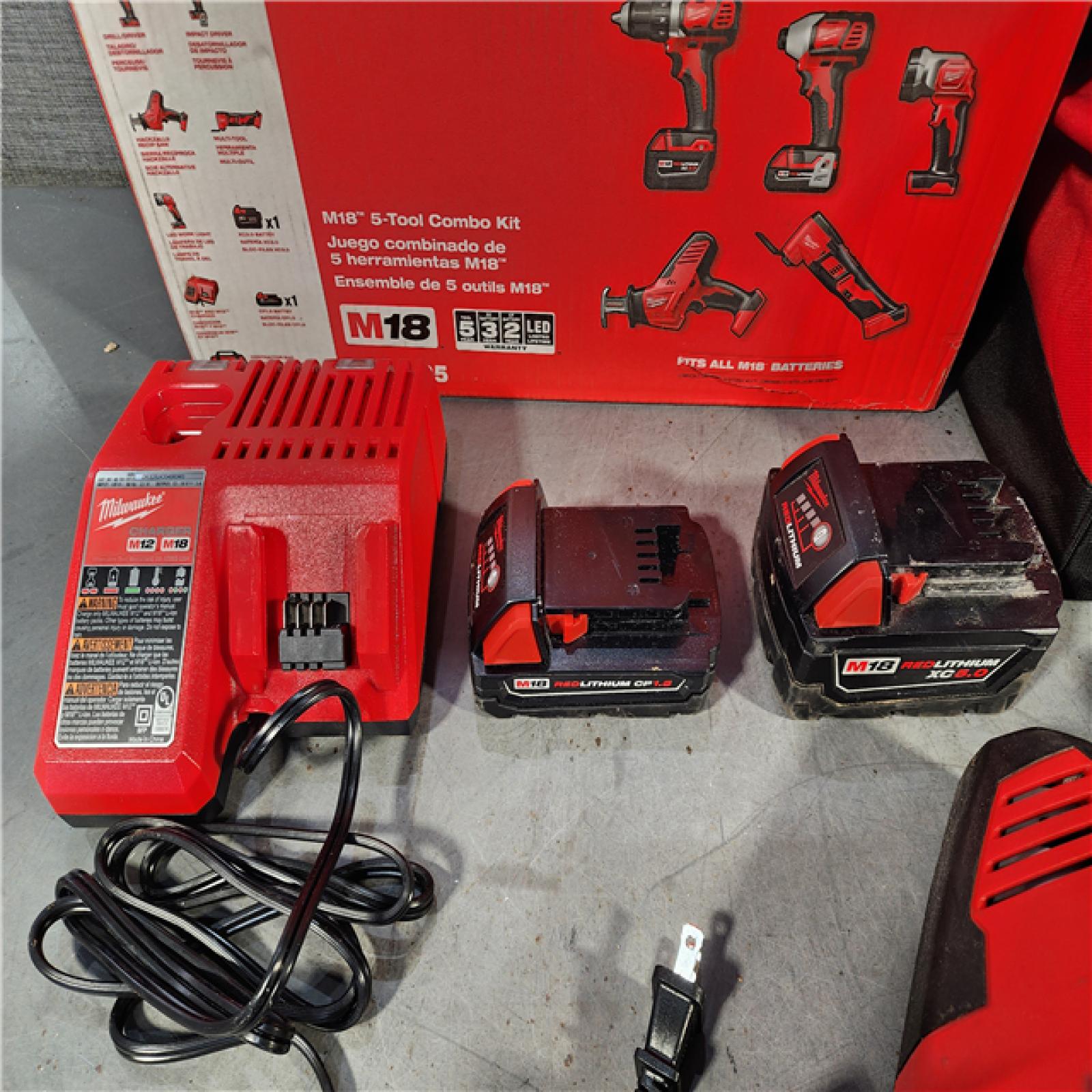 HOUSTON LOCATION - AS-IS (APPEARS LIKE NEW) M18 18V Lithium-Ion Cordless Combo Kit (5-Tool) with (2) Batteries, Charger and Tool Bag