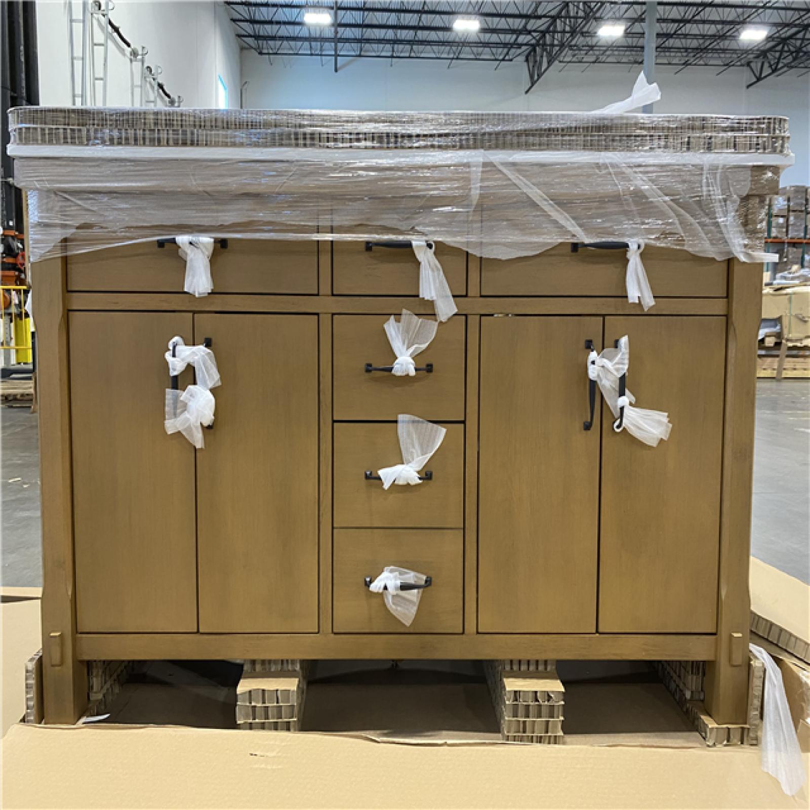 DALLAS LOCATION - Home Decorators Collection Bellington 60 in. Double Sink Bath Vanity in Almond Toffee with White Engineered Stone Top