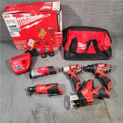 HOUSTON LOCATION - AS-IS MILWAUKEE M12 12V Lithium-Ion Cordless Combo Kit (5-Tool) with Two 1.5Ah Batteries, Charger & Tool Bag