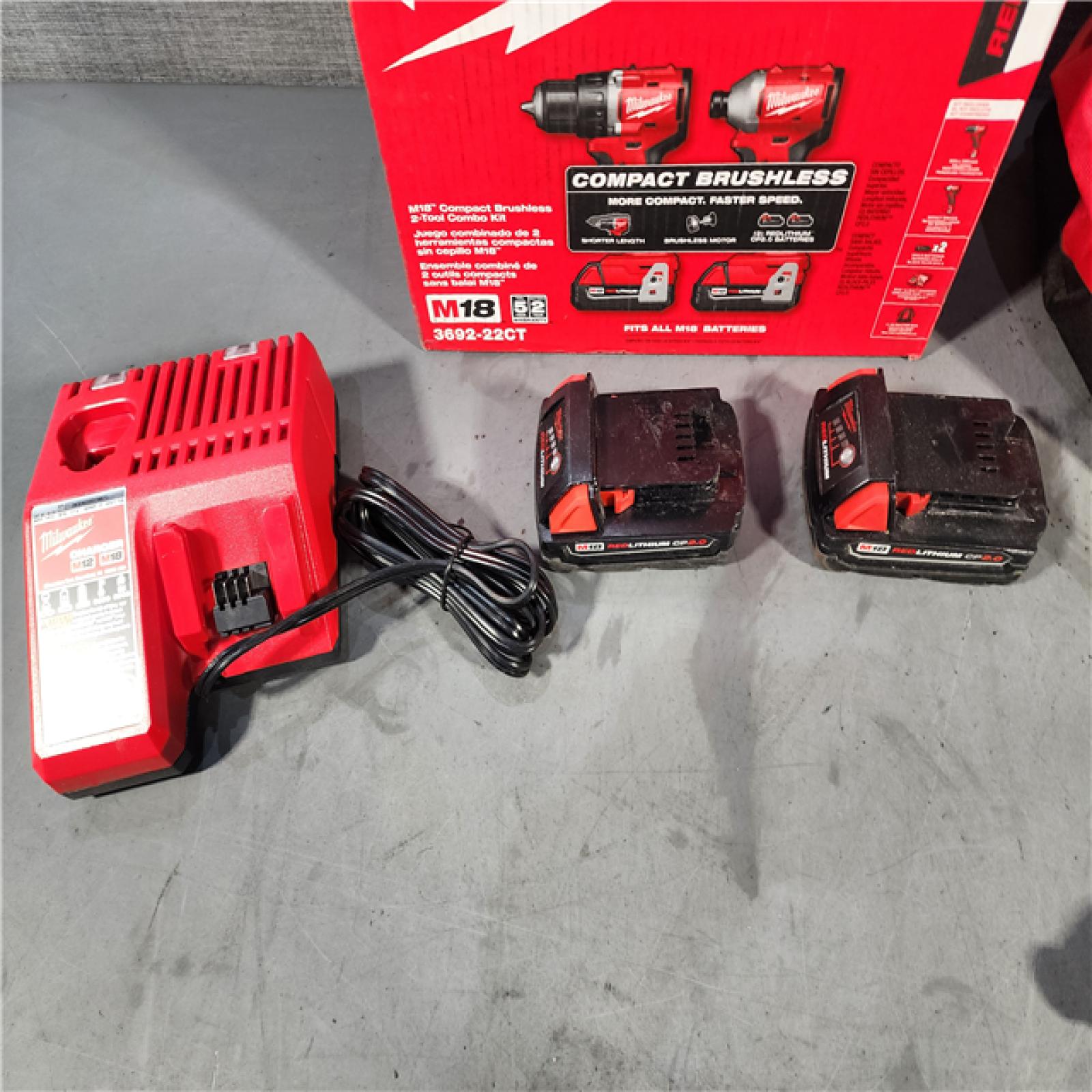 HOUSTON LOCATION - AS-IS M18 18V Lithium-Ion Brushless Cordless Compact Drill/Impact Combo Kit (2-Tool) W/(2) 2.0 Ah Batteries, Charger & Bag