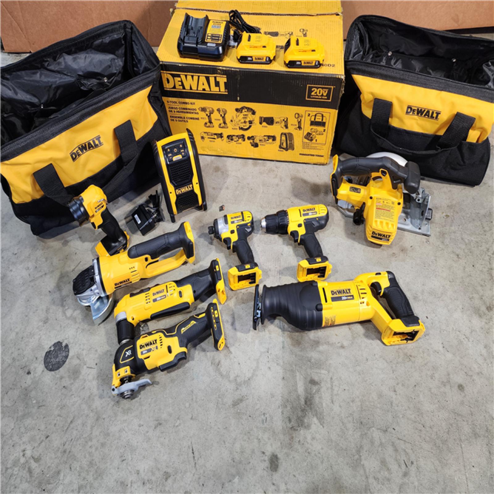 HOUSTON LOCATION - AS-IS (APPEARS LIKE NEW) Dewalt 20V MAX 9-Tool Power-Tool Combo Kit W/ Soft Case Including 2 Batteries & Charger