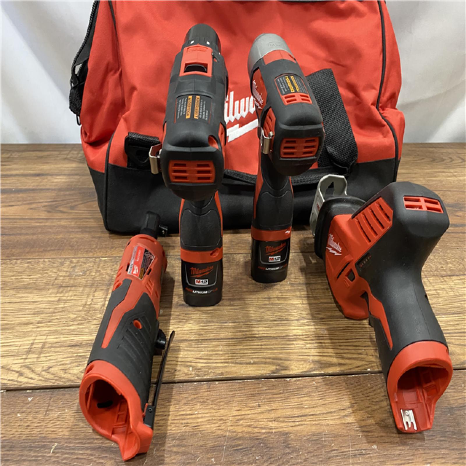 AS IS MILWAUKEE M12 12V Lithium-Ion Cordless Combo Kit (5-Tool) with Two 1.5Ah Batteries, Charger & Tool Bag