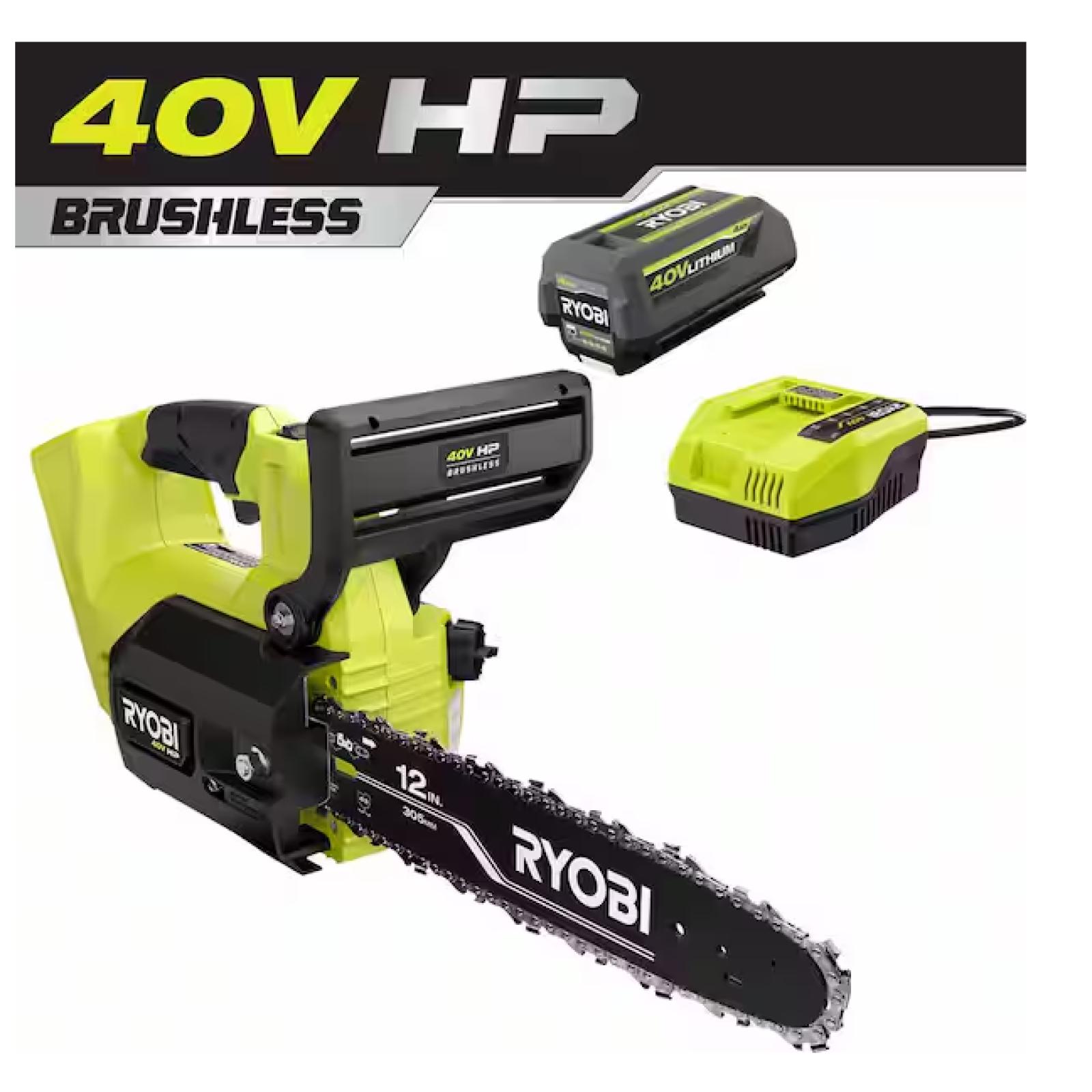 NEW! - RYOBI 40V HP Brushless 12 in. Top Handle Battery Chainsaw with 4.0 Battery and Charger