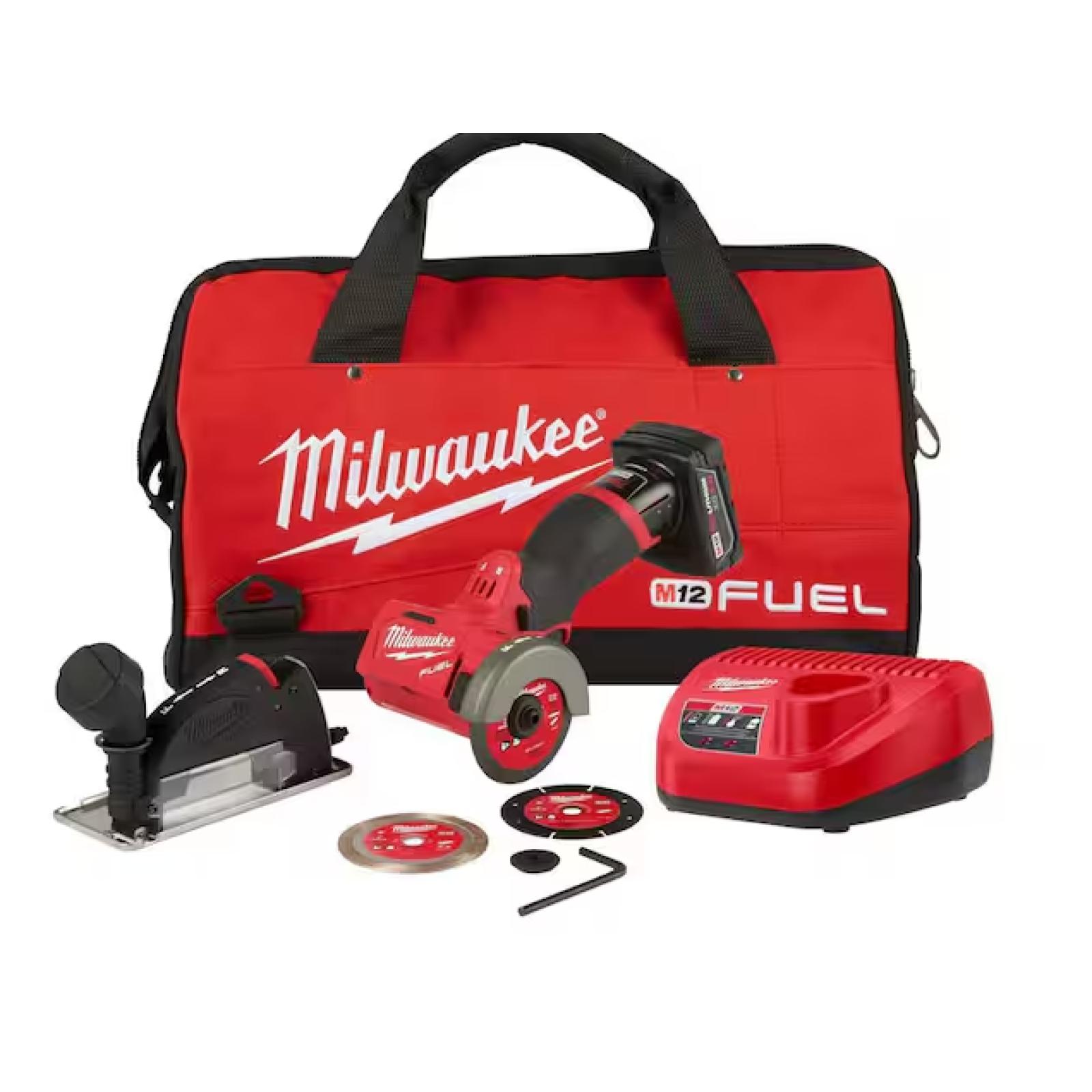 NEW! - Milwaukee M12 FUEL 12V 3 in. Lithium-Ion Brushless Cordless Cut Off Saw Kit with One 4.0 Ah Battery Charger and Bag