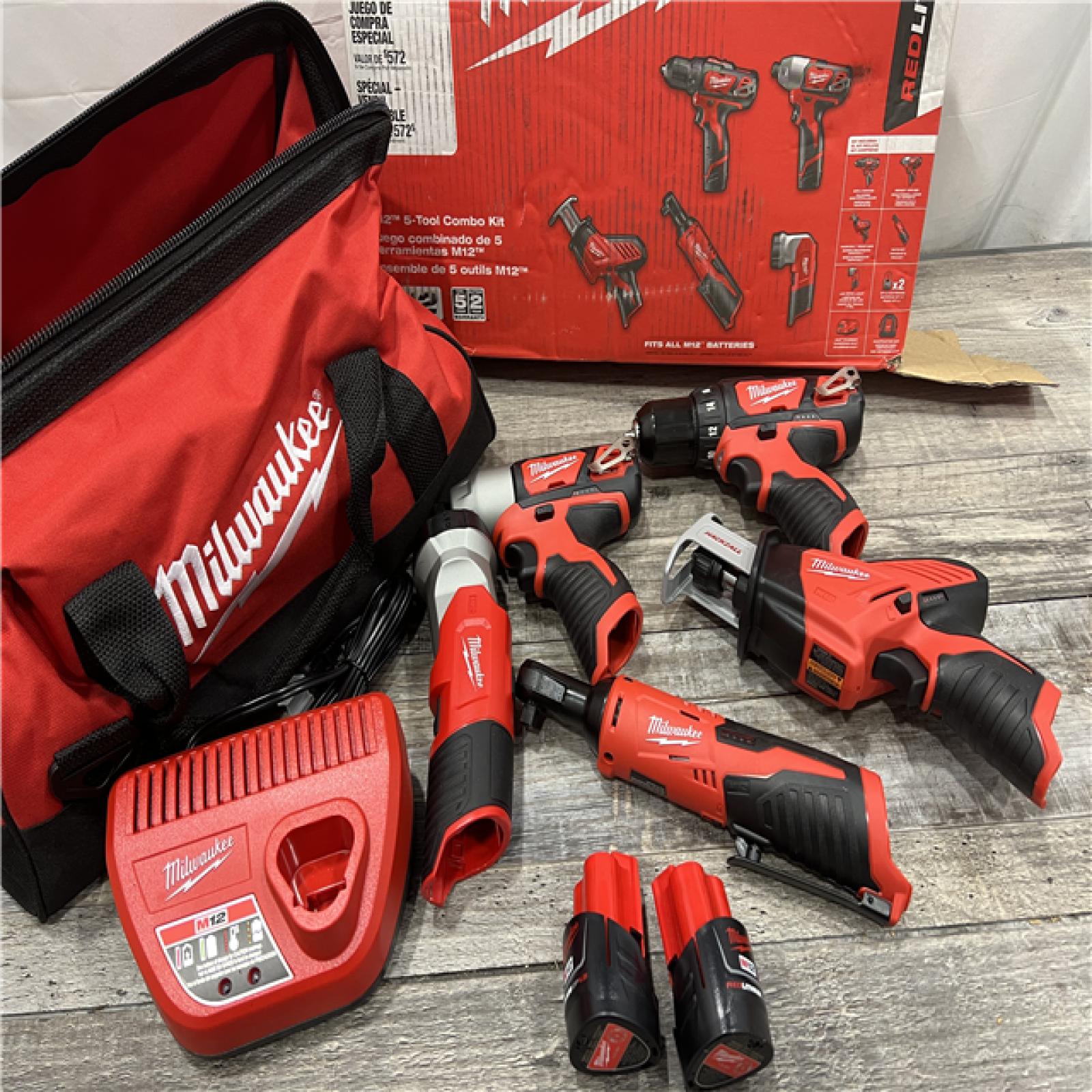 AS-IS MILWAUKEE M12 12V Lithium-Ion Cordless Combo Kit (5-Tool) with Two 1.5Ah Batteries, Charger & Tool Bag