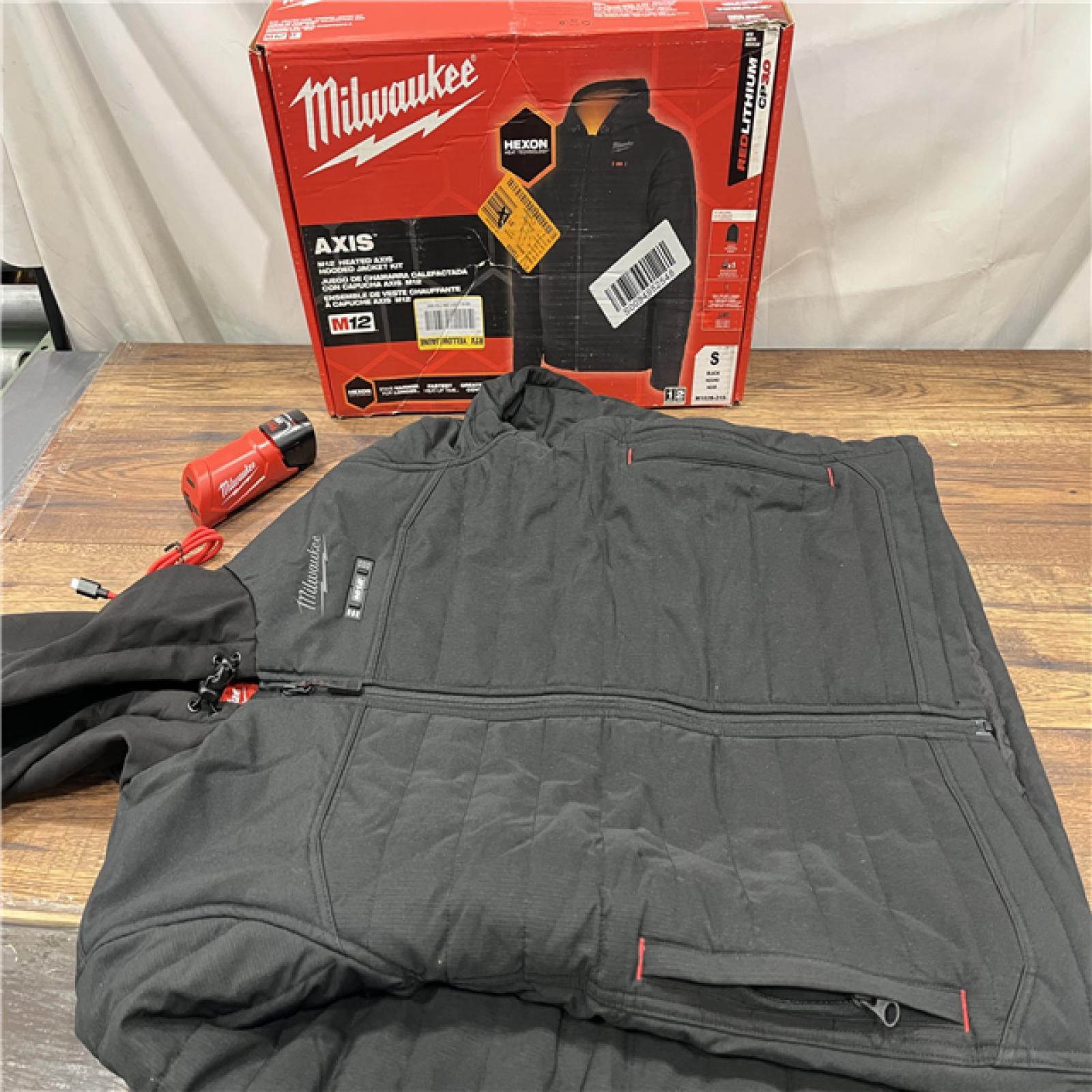 AS - IS Millwaukee - Men's Small M12 12V Lithium-Ion Cordless AXIS Black Heated Jacket Kit with (1) 3.0 Ah Battery and Charger