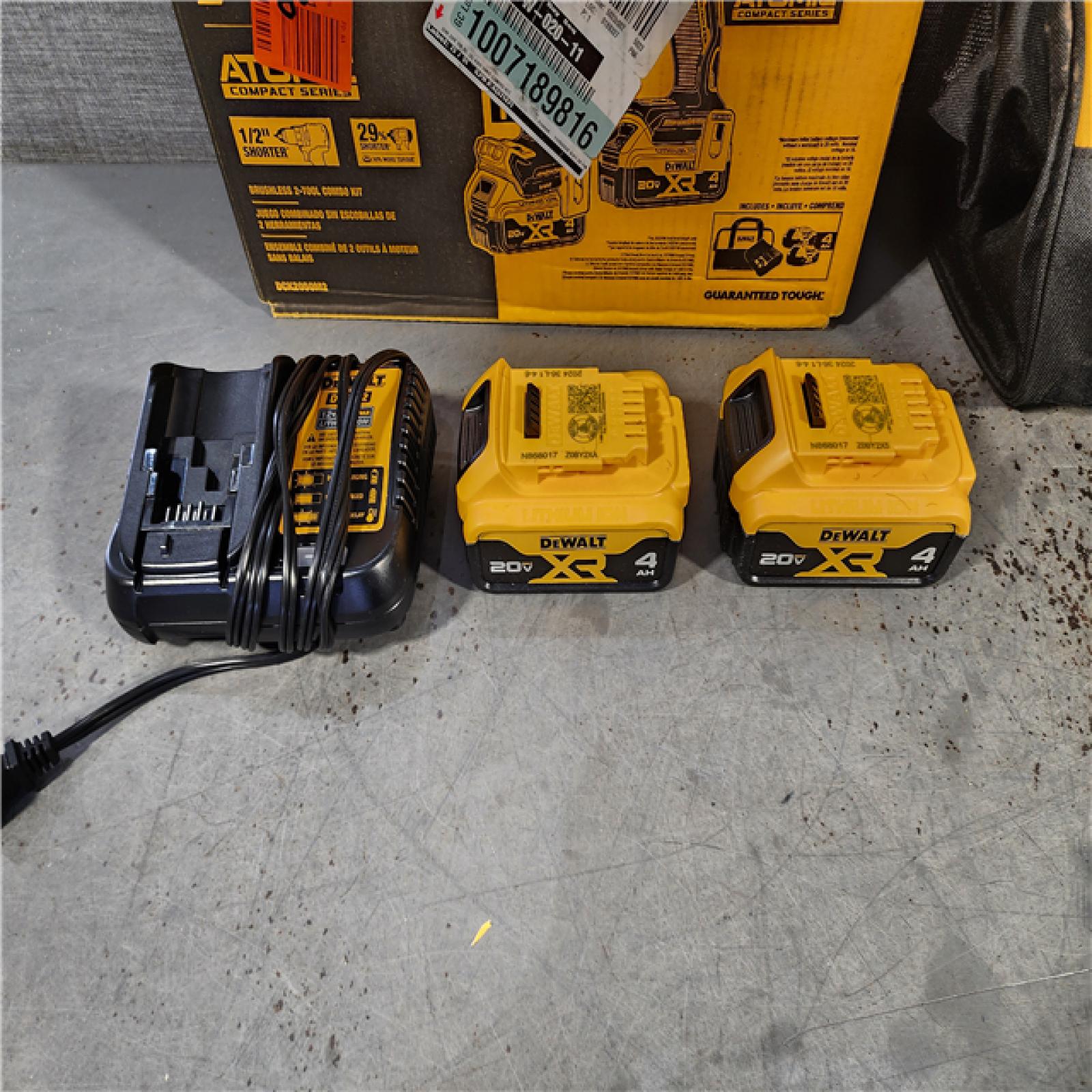 HOUSTON LOCATION - AS-IS DEWALT 20V MAX XR Hammer Drill and ATOMIC Impact Driver 2 Tool Cordless Combo Kit with (2) 4.0Ah Batteries, Charger, and Bag