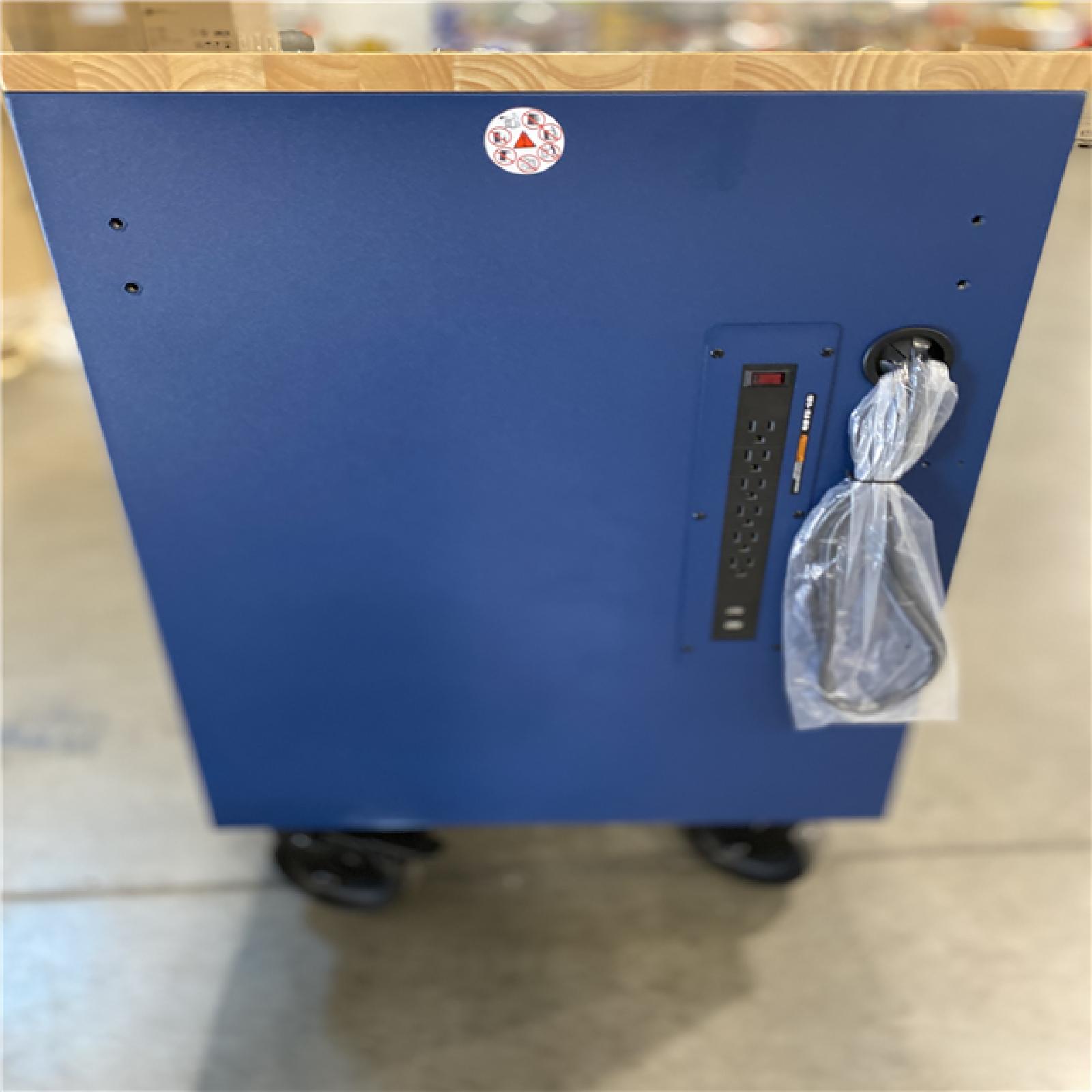 DALLAS LOCATION - Husky Tool Storage 72 in. W Heavy Duty Matte Blue Mobile Workbench Cabinet Adjustable Height Solid Wood Top