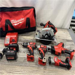 AS-IS Milwaukee M18 18-Volt Lithium-Ion Cordless Combo Tool Kit (5-Tool) with (1) 3.0Ah and (1) 1.5Ah Battery, (1) Charger, (1) Tool Bag