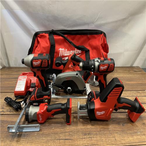 AS IS Milwaukee M18 18-Volt Lithium-Ion Cordless Combo Tool Kit (5-Tool) with (1) 3.0Ah and (1) 1.5Ah Battery, (1) Charger, (1) Tool Bag