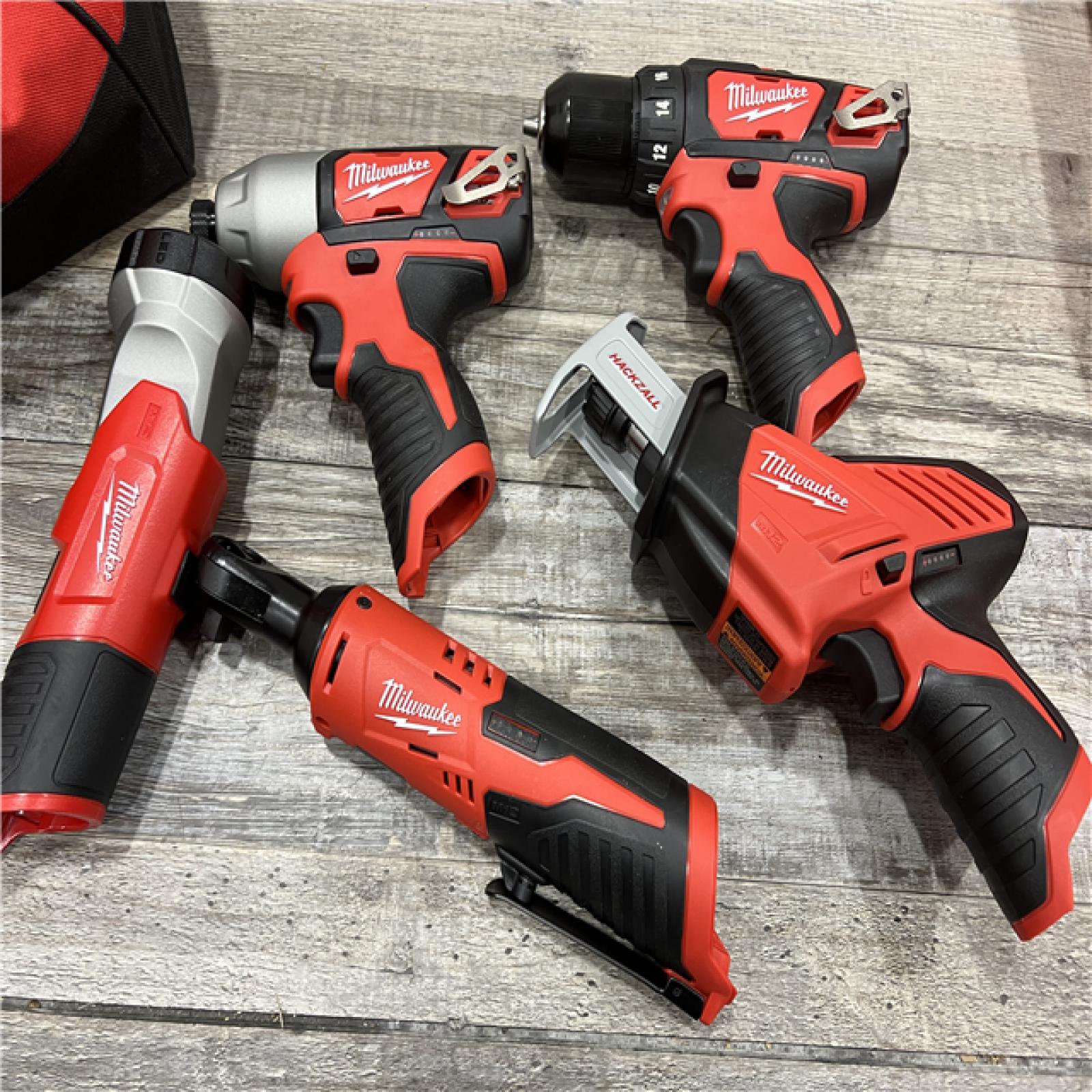 AS-IS MILWAUKEE M12 12V Lithium-Ion Cordless Combo Kit (5-Tool) with Two 1.5Ah Batteries, Charger & Tool Bag