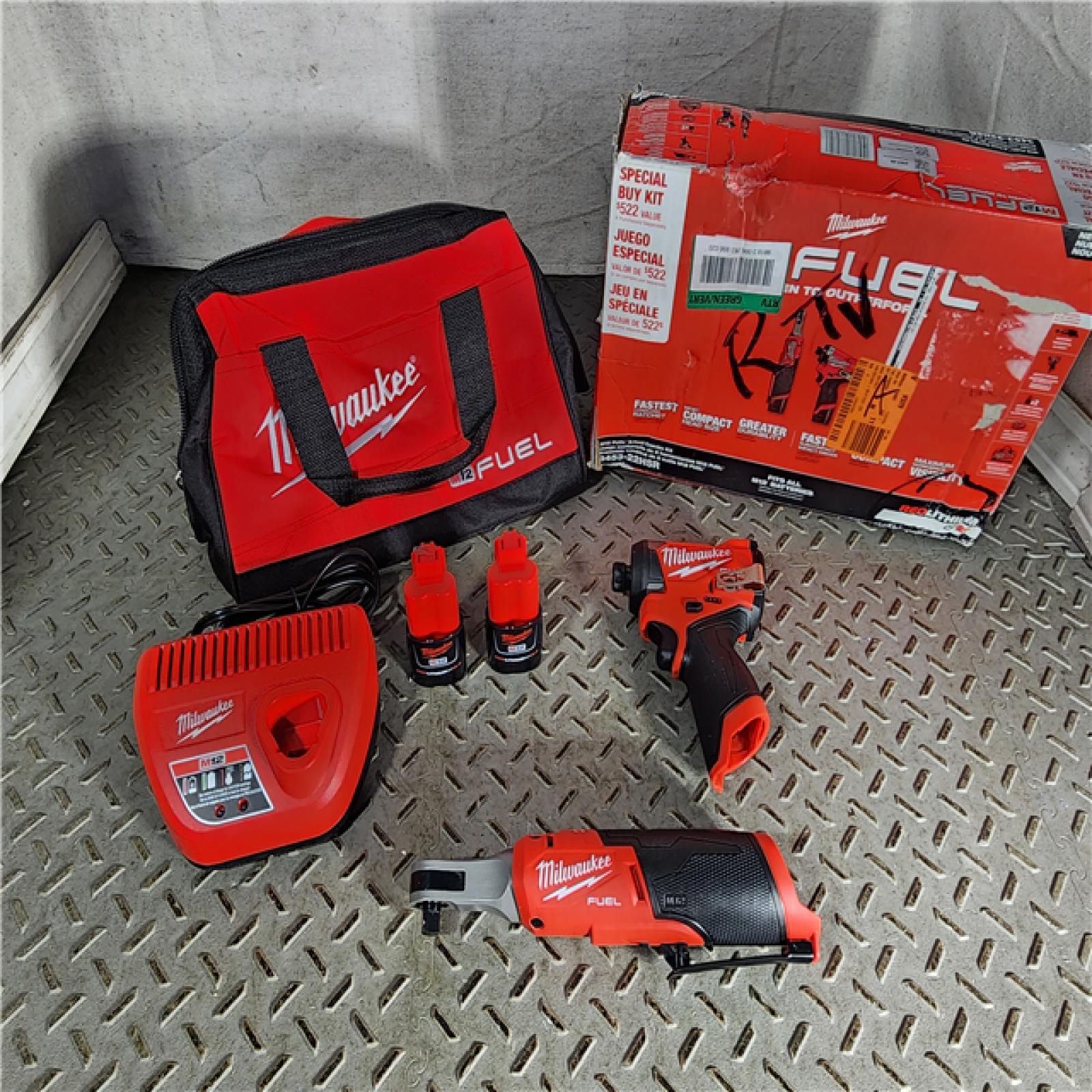 HOUSTON LOCATION - AS-IS (APPEARS LIKE NEW) Milwaukee 3453-22HSR M12 FUEL 12V Lithium-Ion Cordless 3/8 in. Ratchet and 1/4 in. Impact Driver Kit