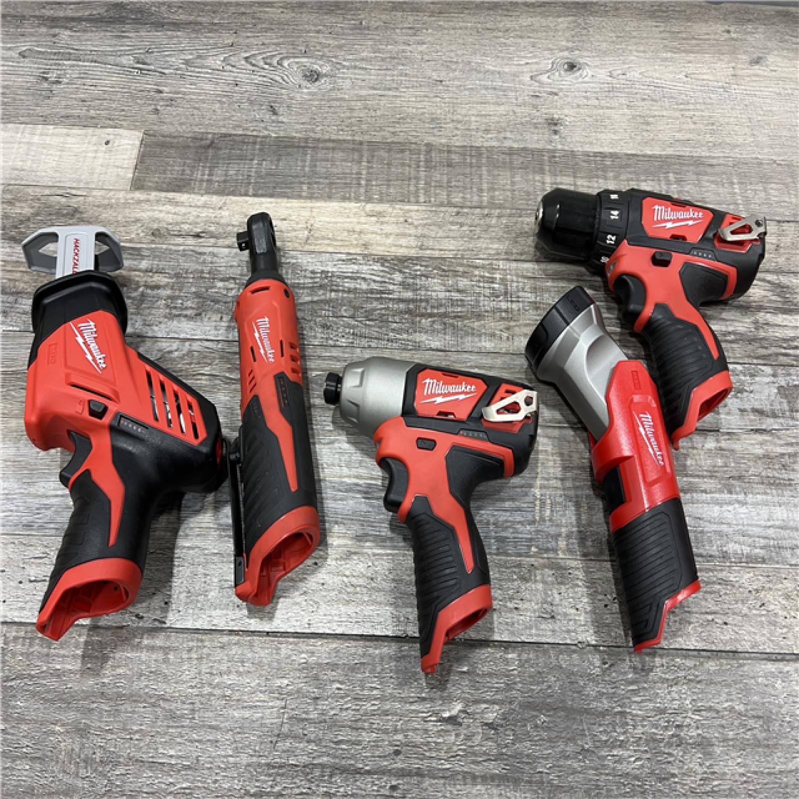 AS-IS MILWAUKEE M12 12V Lithium-Ion Cordless Combo Kit (5-Tool) with Two 1.5Ah Batteries, Charger & Tool Bag