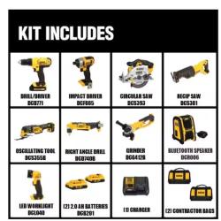 NEW! - DEWALT 20V MAX Cordless 9 Tool Combo Kit with (2) 20V 2.0Ah Batteries and Charger