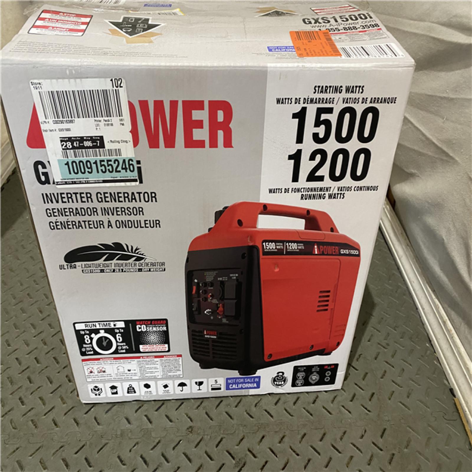 Houston location AS-IS A-IPOWER 1500-Watt Recoil Start Gasoline Powered Ultra-Light Inverter Generator with 60cc OHV Engine and CO Sensor Shutdown