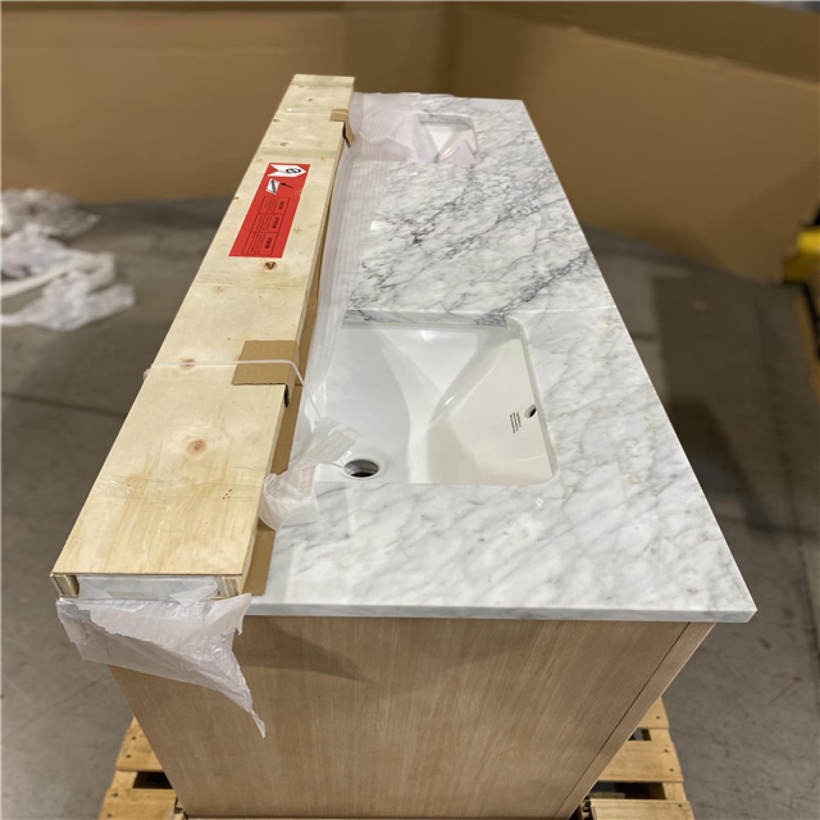 DALLAS LOCATION - Home Decorators Collection Nanterre 72 in. Double Sink Desert Birch Bath Vanity with White Natural Carrara Marble Top (Assembled)