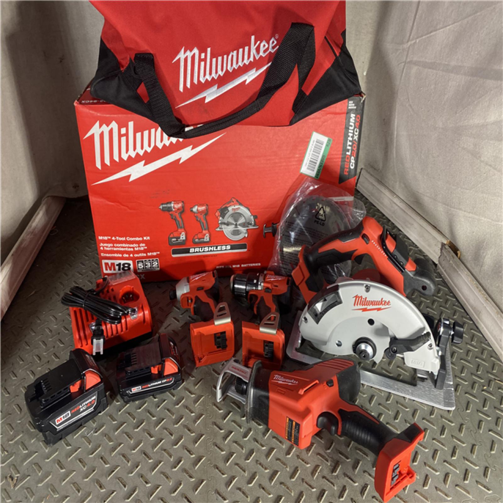 HOUSTON LOCATION - AS-IS M18 18-Volt Lithium-Ion Brushless Cordless Combo Kit (4-Tool) with 2-Batteries, 1-Charger and Tool Bag