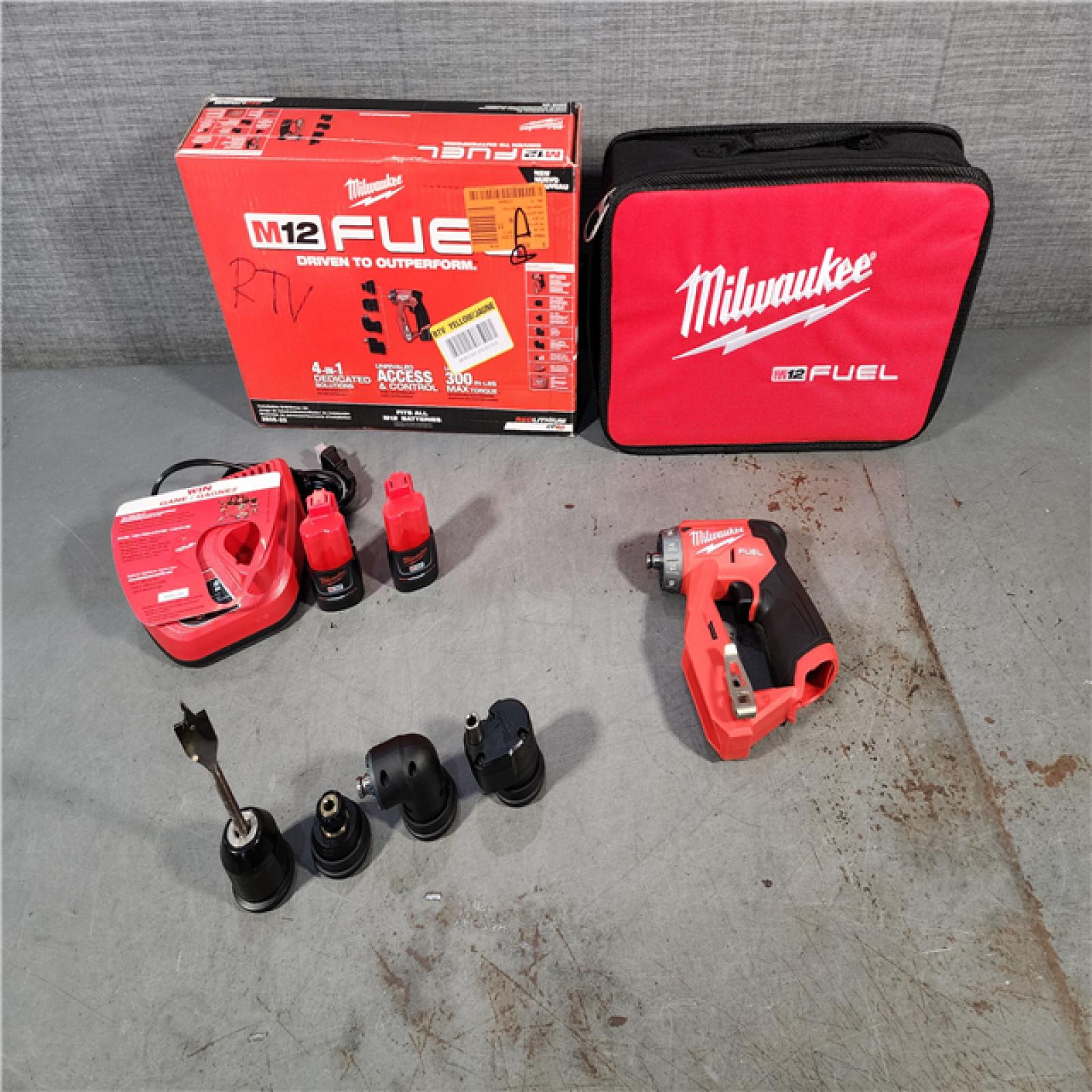 HOUSTON LOCATION - AS-IS Milwaukee M12 FUEL 12V Lithium-Ion Brushless Cordless 4-in-1 Installation 3/8 in. Drill Driver Kit with 4-Tool Heads