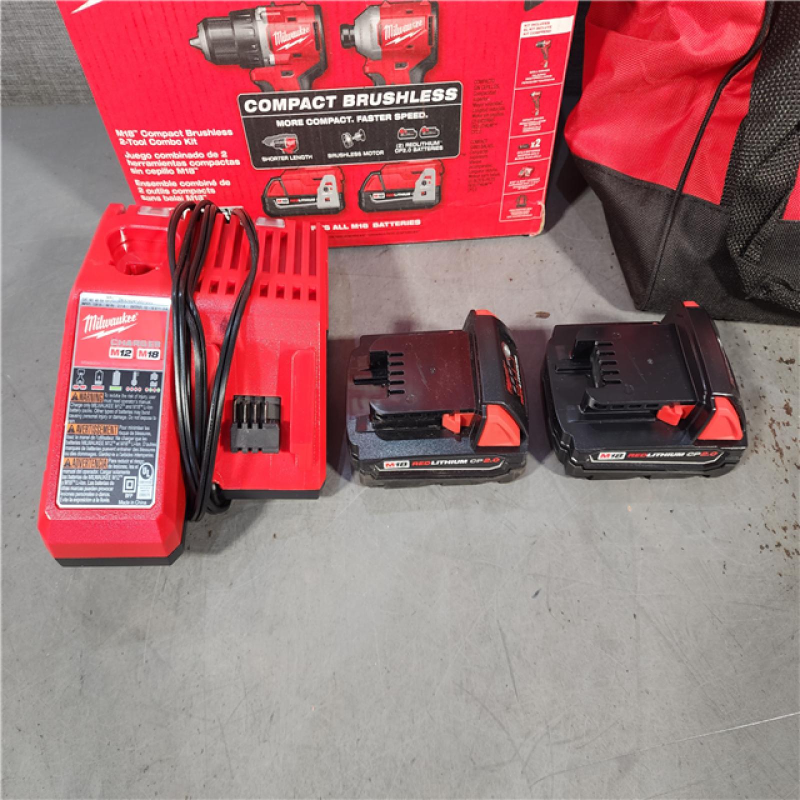 HOUSTON LOCATION - AS-IS M18 18V Lithium-Ion Brushless Cordless Compact Drill/Impact Combo Kit (2-Tool) W/(2) 2.0 Ah Batteries, Charger & Bag