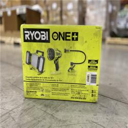 NEW! - RYOBI ONE+ 18V 3-Tool Lighting Kit with Hybrid Panel Light, Spotlight and Flexible Clamp Light (Tools Only)