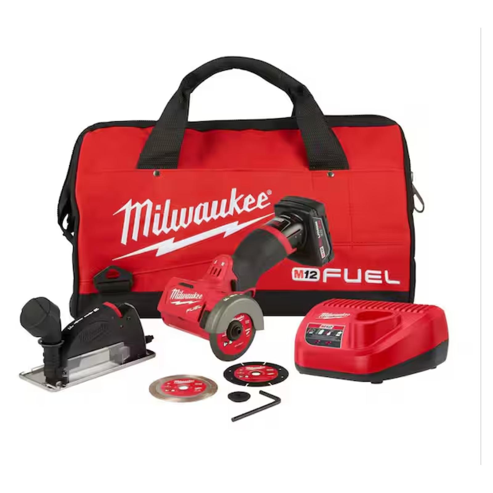 new!- Milwaukee M12 FUEL 12V 3 in. Lithium-Ion Brushless Cordless Cut Off Saw Kit with One 4.0 Ah Battery Charger and Bag