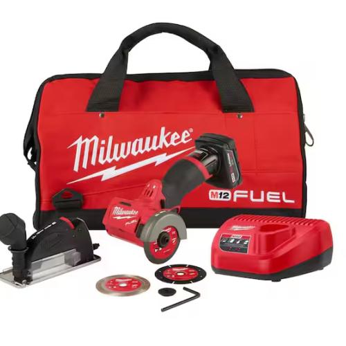 new!- Milwaukee M12 FUEL 12V 3 in. Lithium-Ion Brushless Cordless Cut Off Saw Kit with One 4.0 Ah Battery Charger and Bag