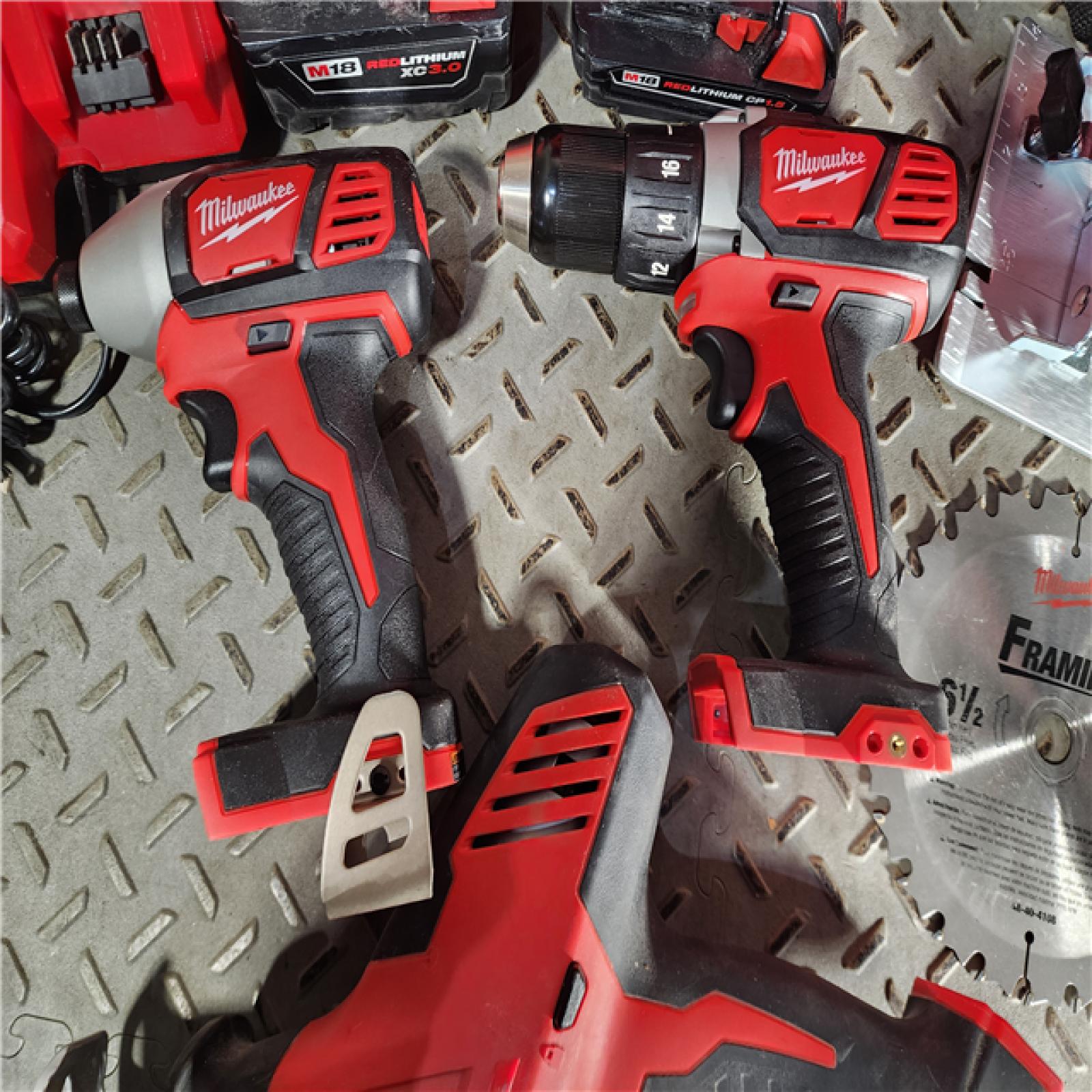 HOUSTON LOCATION - AS-IS Milwaukee M18 18-Volt Lithium-Ion Cordless Combo Tool Kit (5-Tool) with (1) 3.0Ah and (1) 1.5Ah Battery, (1) Charger, (1) Tool Bag