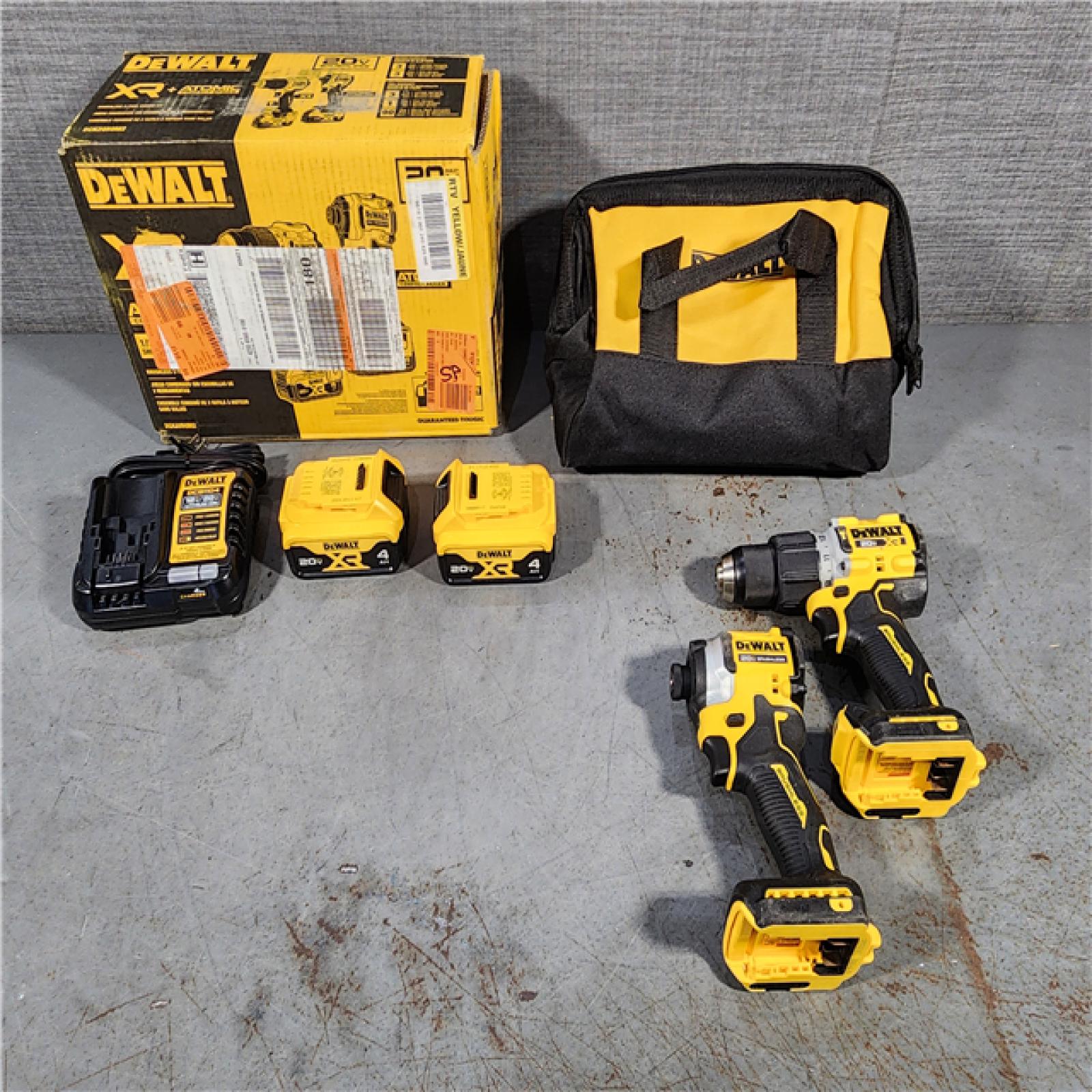 HOUSTON LOCATION - AS-IS DEWALT 20V MAX XR Hammer Drill and ATOMIC Impact Driver 2 Tool Cordless Combo Kit with (2) 4.0Ah Batteries, Charger, and Bag