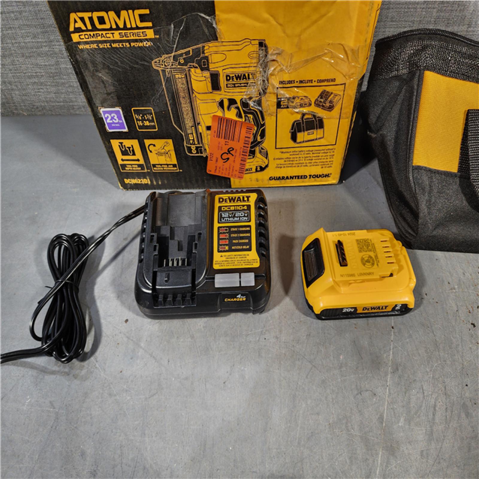 HOUSTON LOCATION - AS-IS DEWALT ATOMIC 20V MAX Lithium Ion Cordless 23 Gauge Pin Nailer Kit with 2.0Ah Battery and Charger