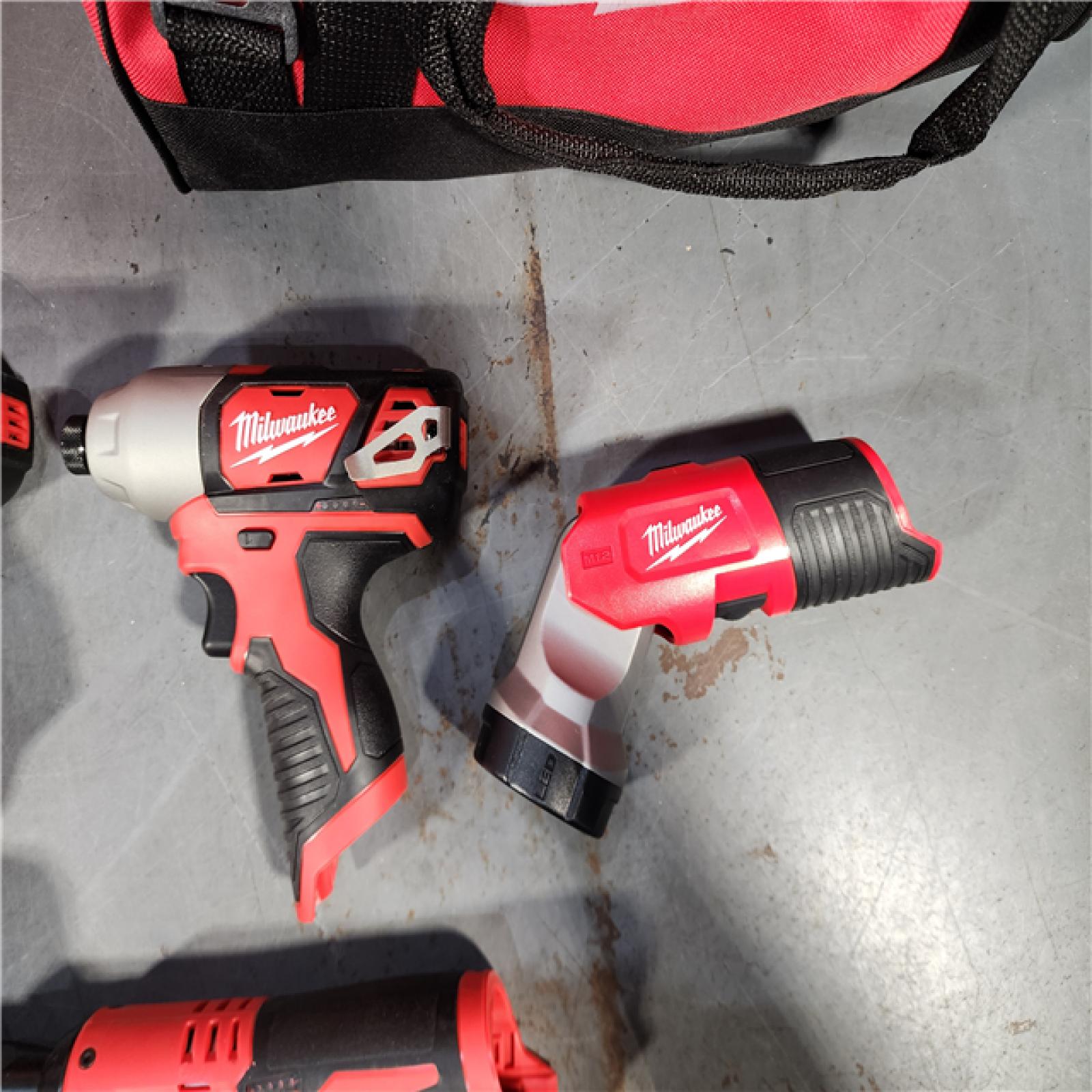 HOUSTON LOCATION - AS-IS MILWAUKEE M12 12V Lithium-Ion Cordless Combo Kit (5-Tool) with Two 1.5Ah Batteries, Charger & Tool Bag