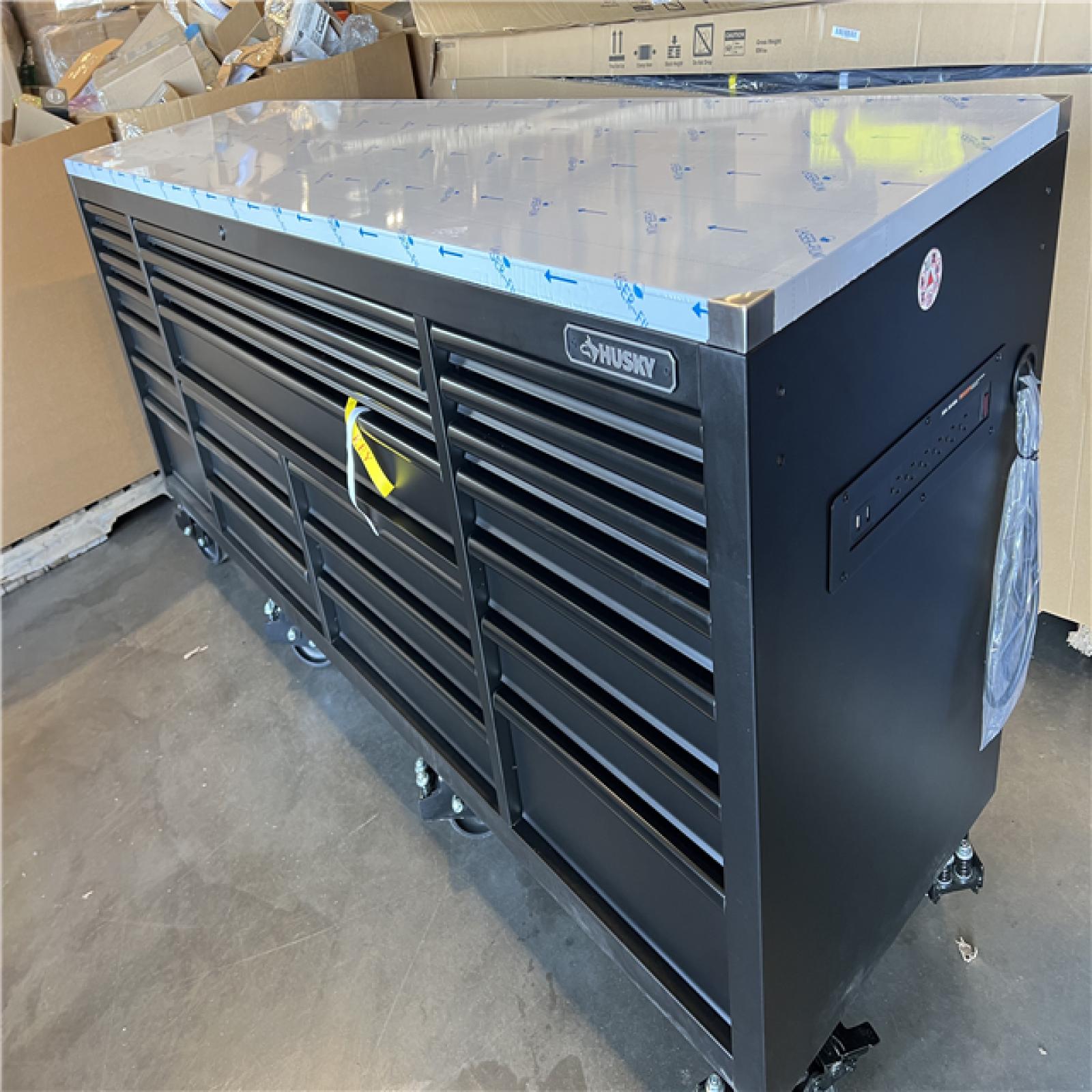 DALLAS LOCATION - Husky Tool Storage Heavy Duty 96 in. W x 24 in. D Matte Black Mobile Workbench Cabinet with Stainless Steel Top