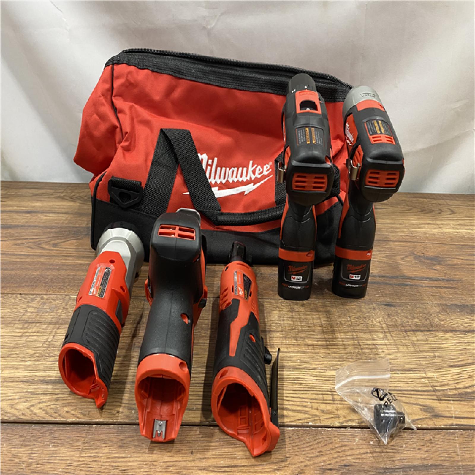 AS IS MILWAUKEE M12 12V Lithium-Ion Cordless Combo Kit (5-Tool) with Two 1.5Ah Batteries, Charger & Tool Bag