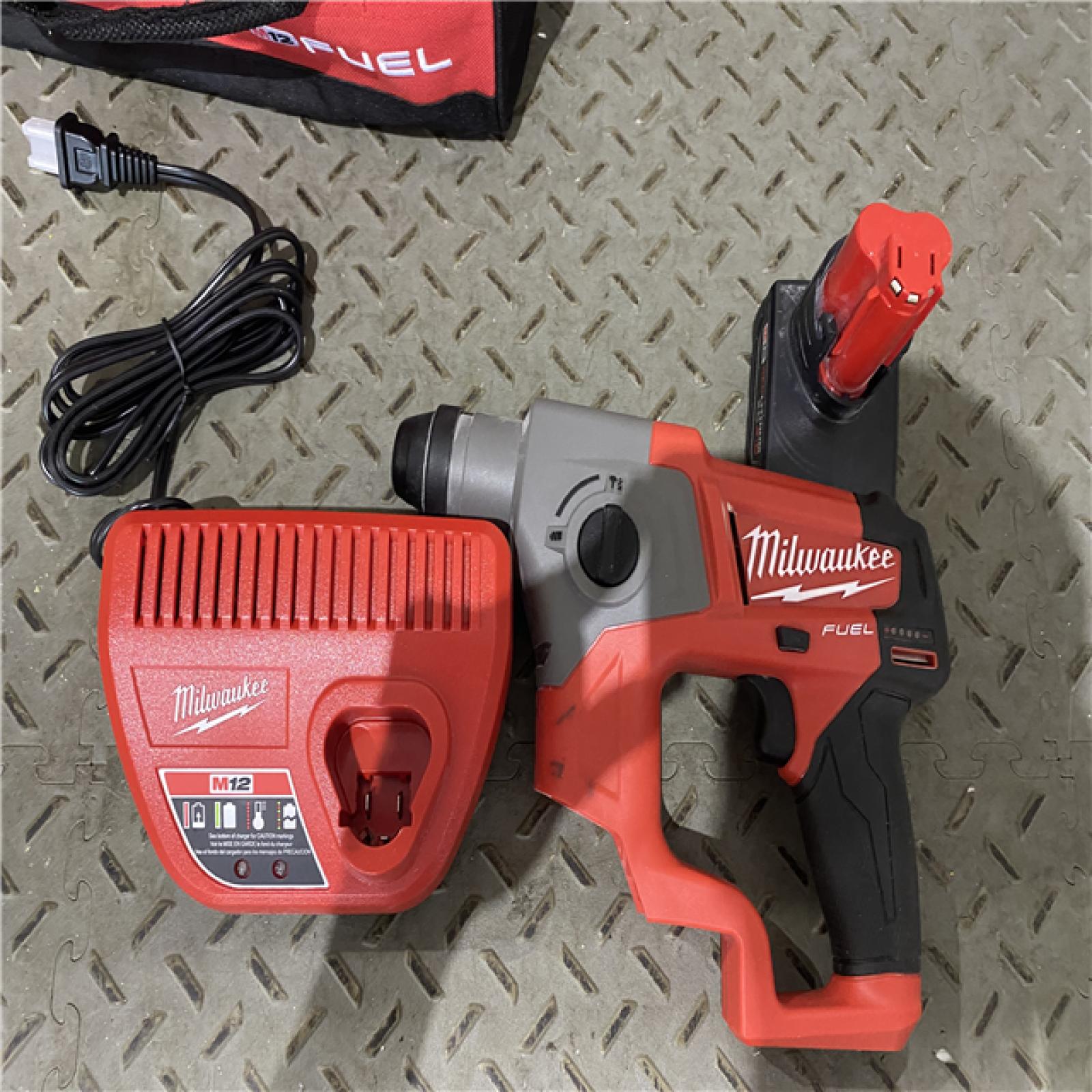 Houston location AS-IS MILWAUKEE M12 FUEL 12V Lithium-Ion Brushless Cordless 5/8 in. SDS-Plus Rotary Hammer Kit with One 4.0Ah Battery and Bag