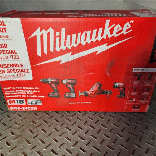 Houston location AS-IS MILWAUKEE M18 18-Volt Lithium-Ion Cordless Combo Kit 4-Tool with Two 2.0 Ah Batteries, Charger and Tool Bag