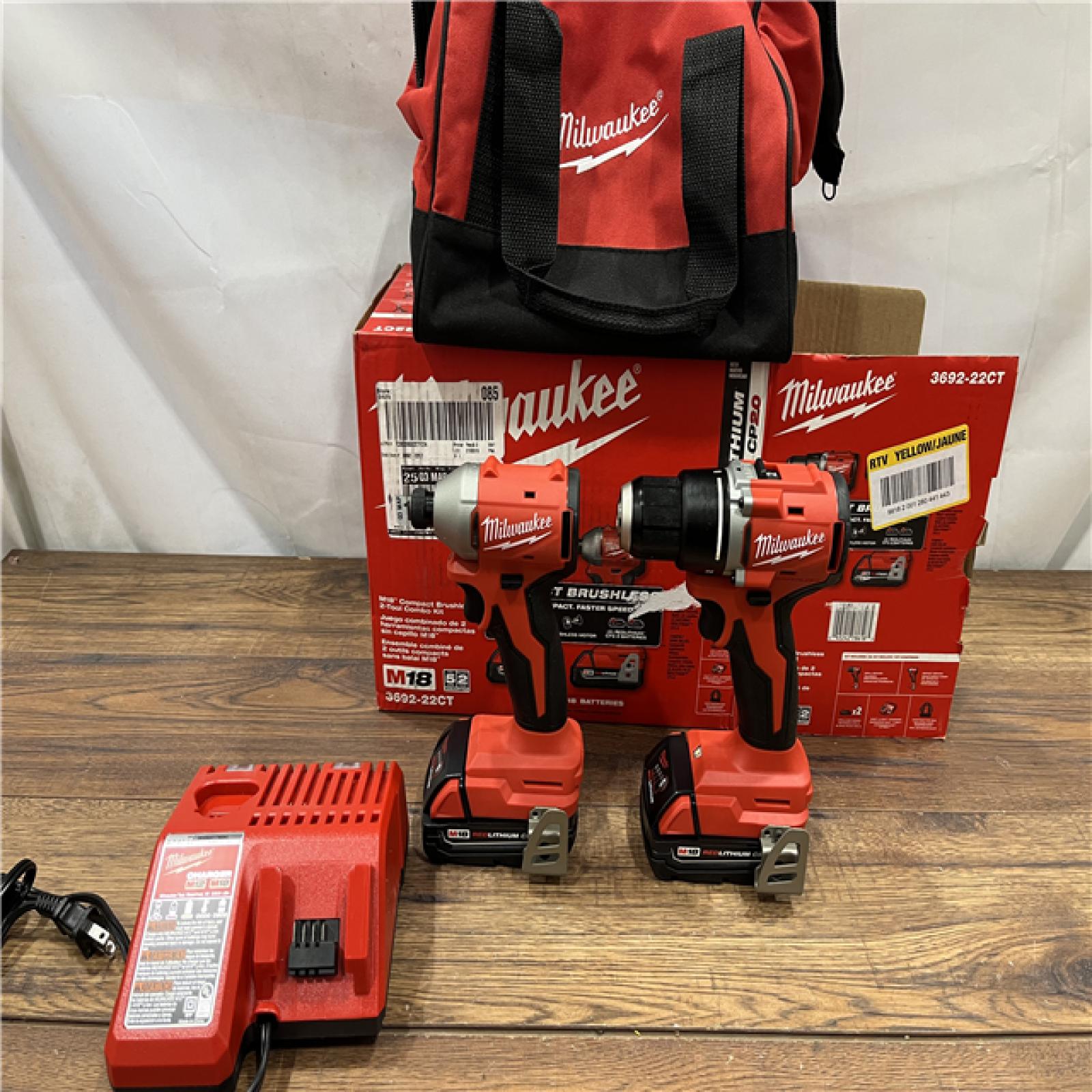 AS IS M18 18V Lithium-Ion Brushless Cordless Compact Drill/Impact Combo Kit (2-Tool) W/(2) 2.0 Ah Batteries, Charger & Bag