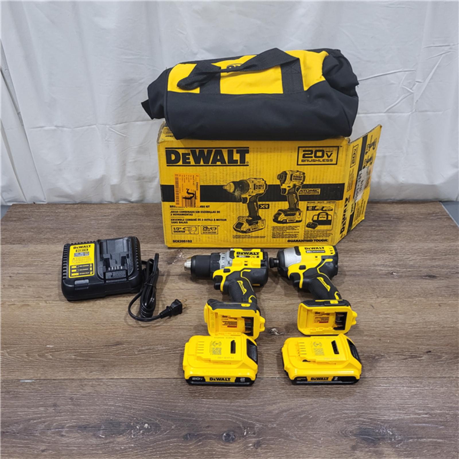 AS-IS 20V MAX XR Cordless Drill/Driver, ATOMIC Impact Driver 2 Tool Combo Kit, (2) 2.0Ah Batteries, Charger, and Bag