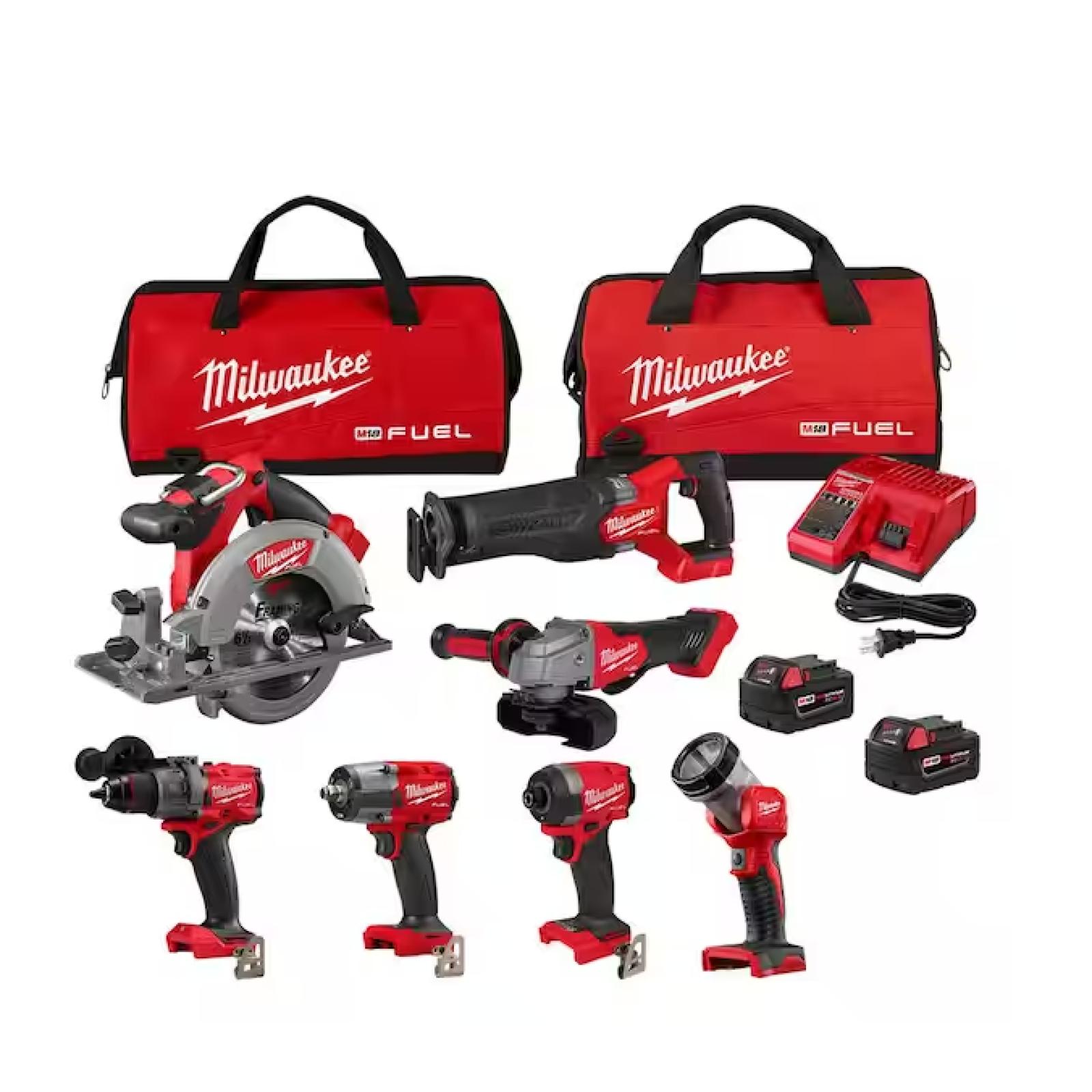 NEW! - Milwaukee M18 FUEL 18V Lithium-Ion Brushless Cordless Combo Kit with Two 5.0 Ah Batteries, 1 Charger, 2 Tool Bags (7-Tool)