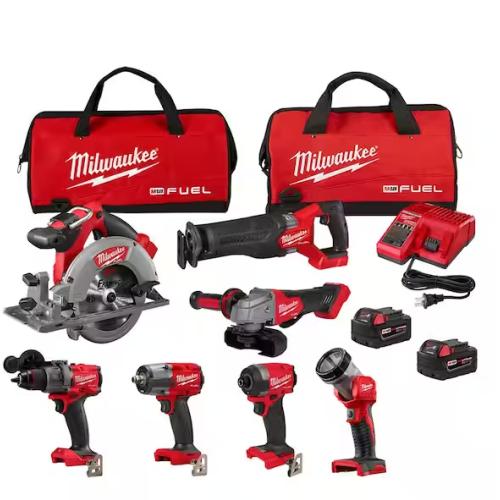 NEW! - Milwaukee M18 FUEL 18V Lithium-Ion Brushless Cordless Combo Kit with Two 5.0 Ah Batteries, 1 Charger, 2 Tool Bags (7-Tool)